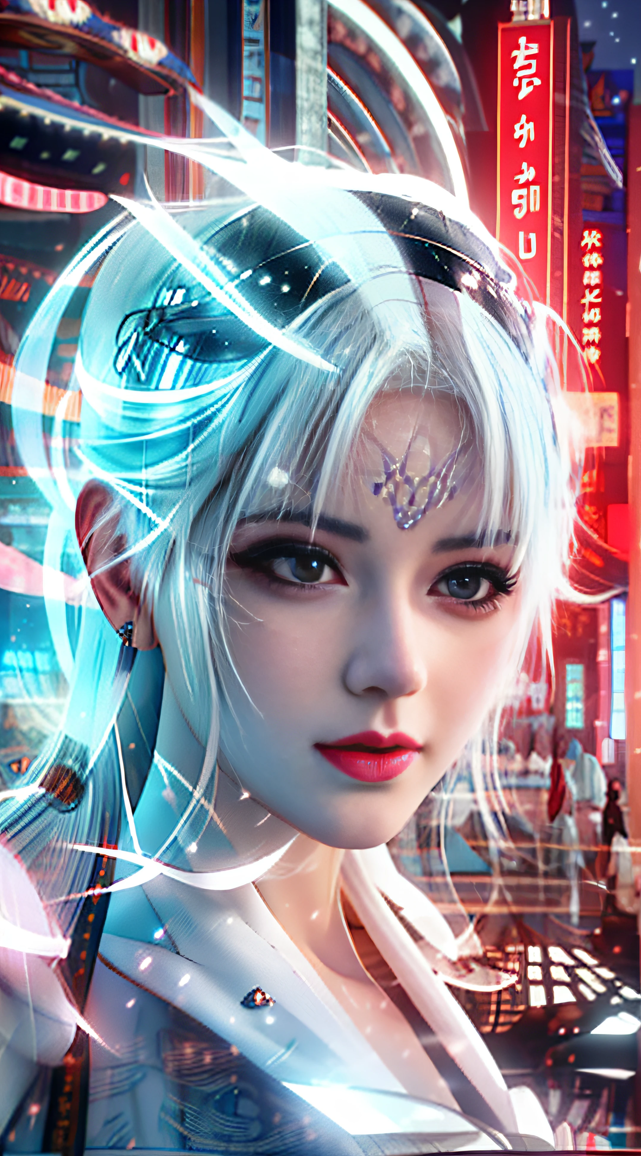 a close up of a woman with white hair and blue eyes, Hair gradient blue，Porcelain white skin, Guviz, pale milky white porcelain skin, white hime cut hairstyle, pale porcelain white skin, Girl with white hair, White-haired god, porcelain white face, Realistic anime 3 D style, pale snow-white skin,Beautiful anime face