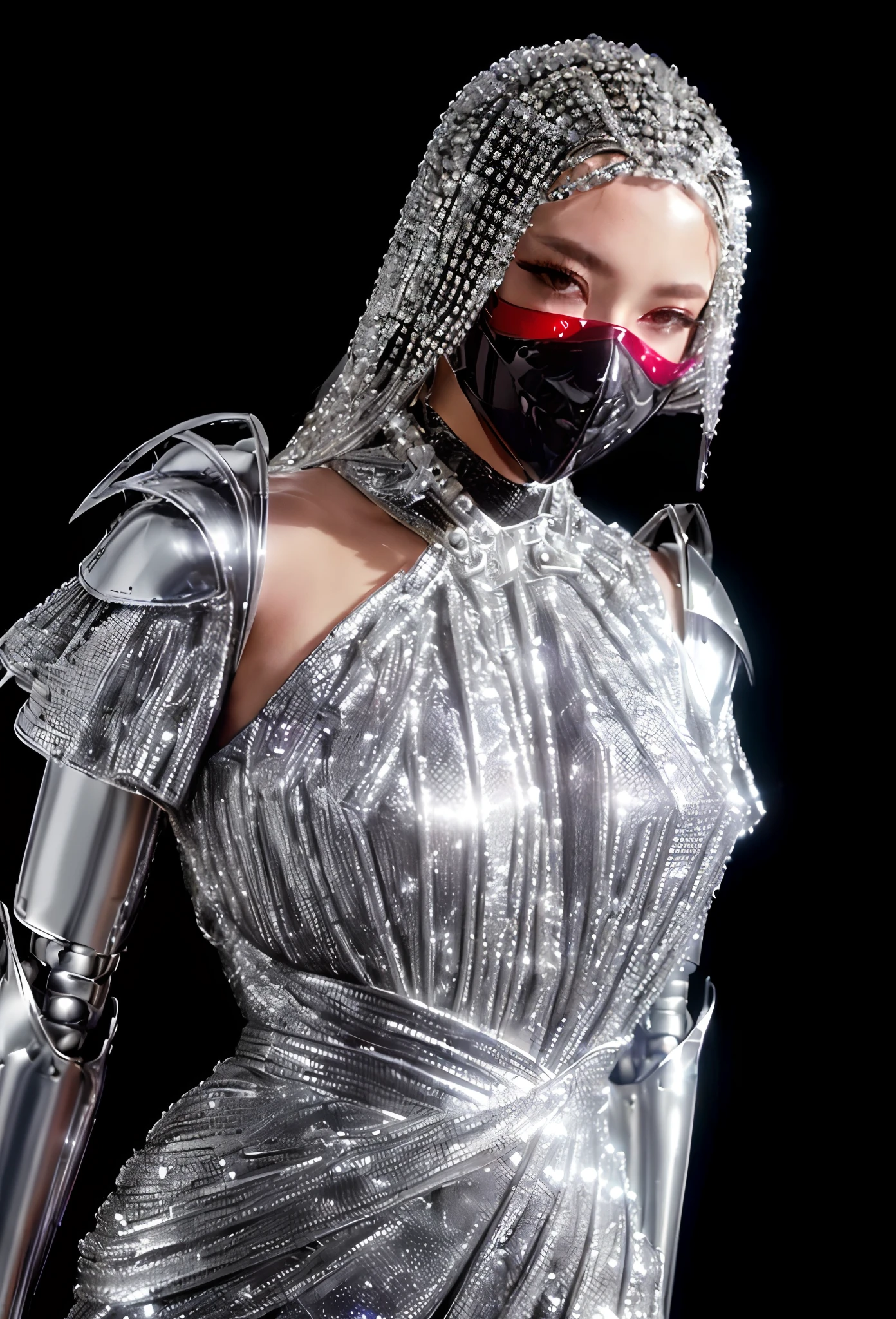 araffe dressed in a silver dress with a mask and a chain, wearing futuristic armor, cyborg fashion shot, covered in full silver armor, cyborg fashion model, wearing techwear and armor, cyberpunk pearl armor, futuristic clothing and helmet, wearing louis vuitton armor, wearing futuristic, with sleek silver armor, with sleek silver metal armor, stylish cyborg armor, futuristic fashion