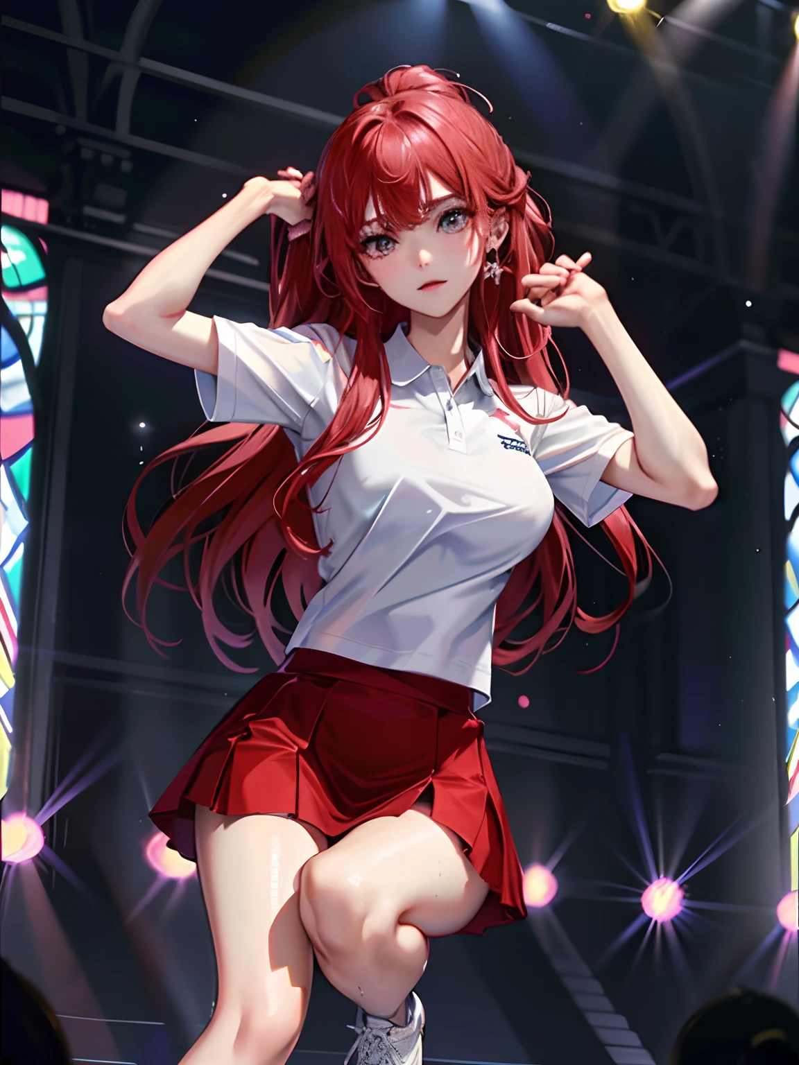 tmasterpiece、Best quality、realisticlying、Hyper-detailing,(Shiny skin,sweat leggs:1.4)、Slim、Look at the audience、1girll、Solo、tennis wear、Red polo shirt、short skirt,long whitr hair,athletic sneakers,(thick thight:0.5)、动态照明、A high resolution、sharp fokus、depth of fields、mediuml breasts