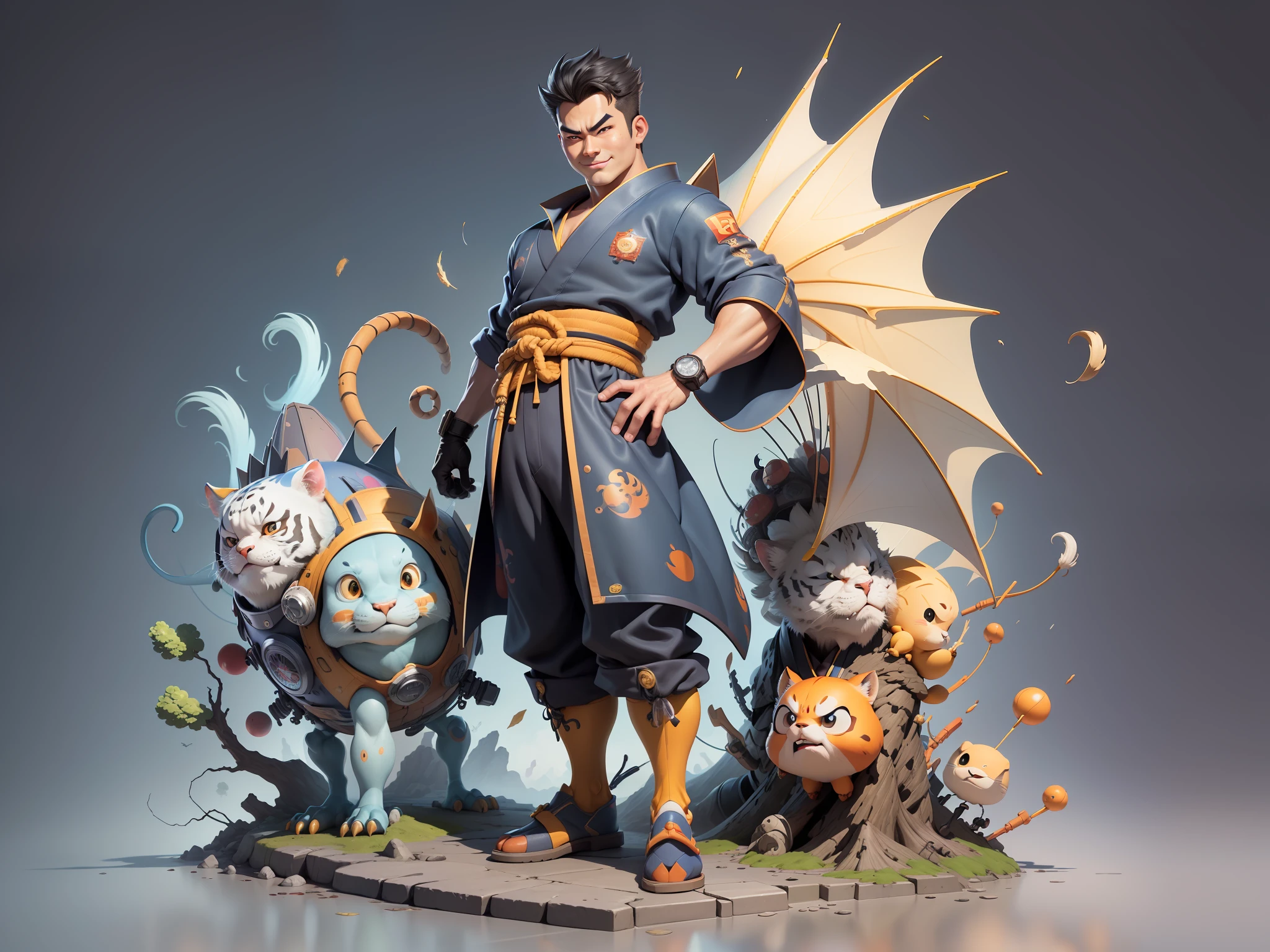 (Masterpiece), (Excellent), (Super Meticulous), (Full Body: 1.2), Super Young Man, Oriental Face, Japanese Kimono, Japanese Wind Thunder God, Dragon, Tiger, TV Anchor, Bust Portrait Illustration, Alone, Black Suit, Blue Tie, Slightly Chubby Face, Very Clean Face, No Beard, Black Super Short Hair, Black Eyes, Confident Smile, 3c Computer Sub-Products, iPad, iPhone, Digital Painting, 3D Character Design by Akira Toriyama and Mark Claireden and Pixar and Hayao Miyazaki, The illustration is a high-definition illustration in 4K resolution with very detailed facial features and cartoon-style visuals.