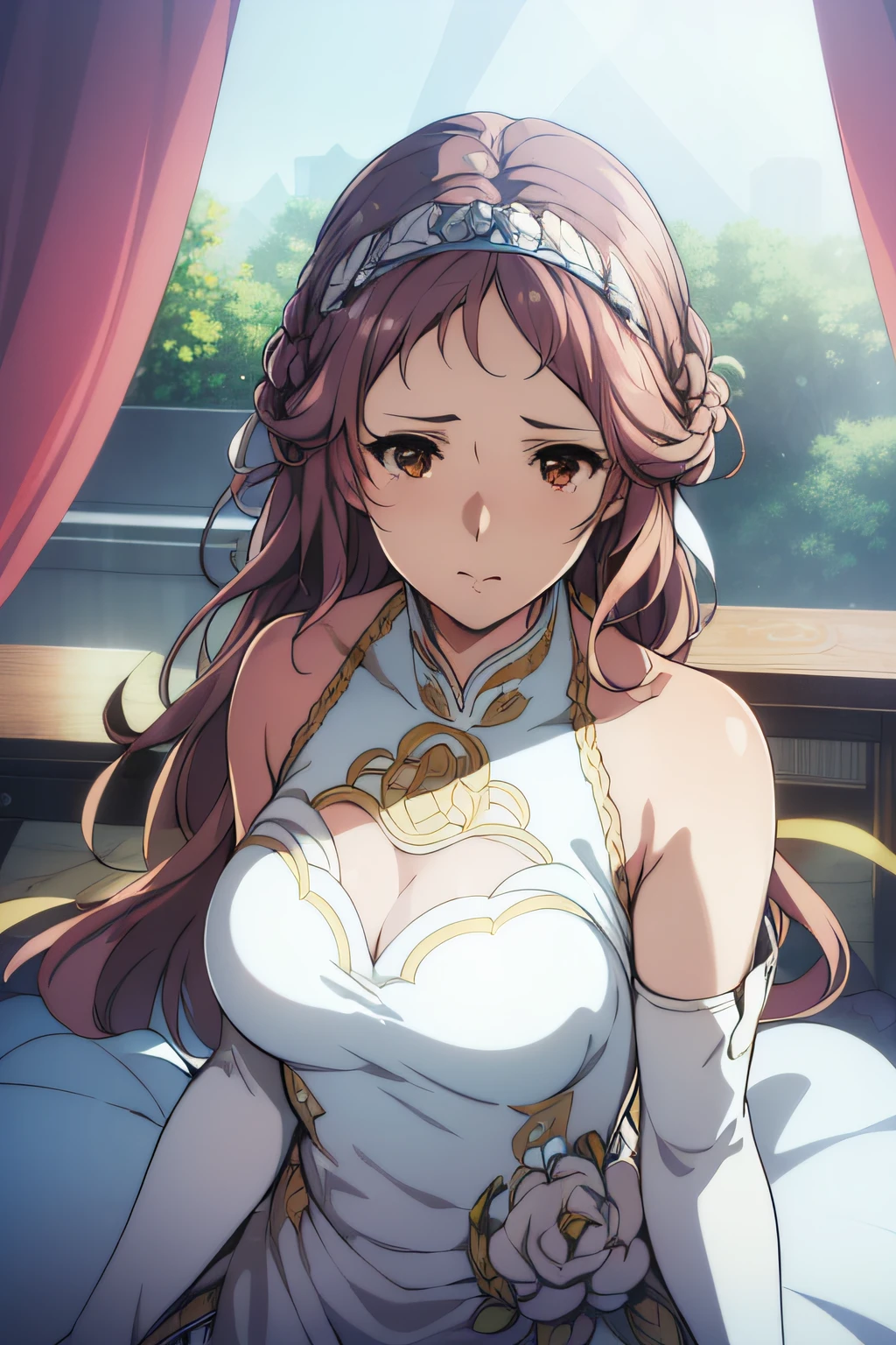 (((Best quality))), ((Ultra-detailed)), ((illustration)), ((Disheveled hair)), ((frilld)), (1 girl), (Solo),on cheongsam,The body faces the viewer,full bodyesbian,Sat down,