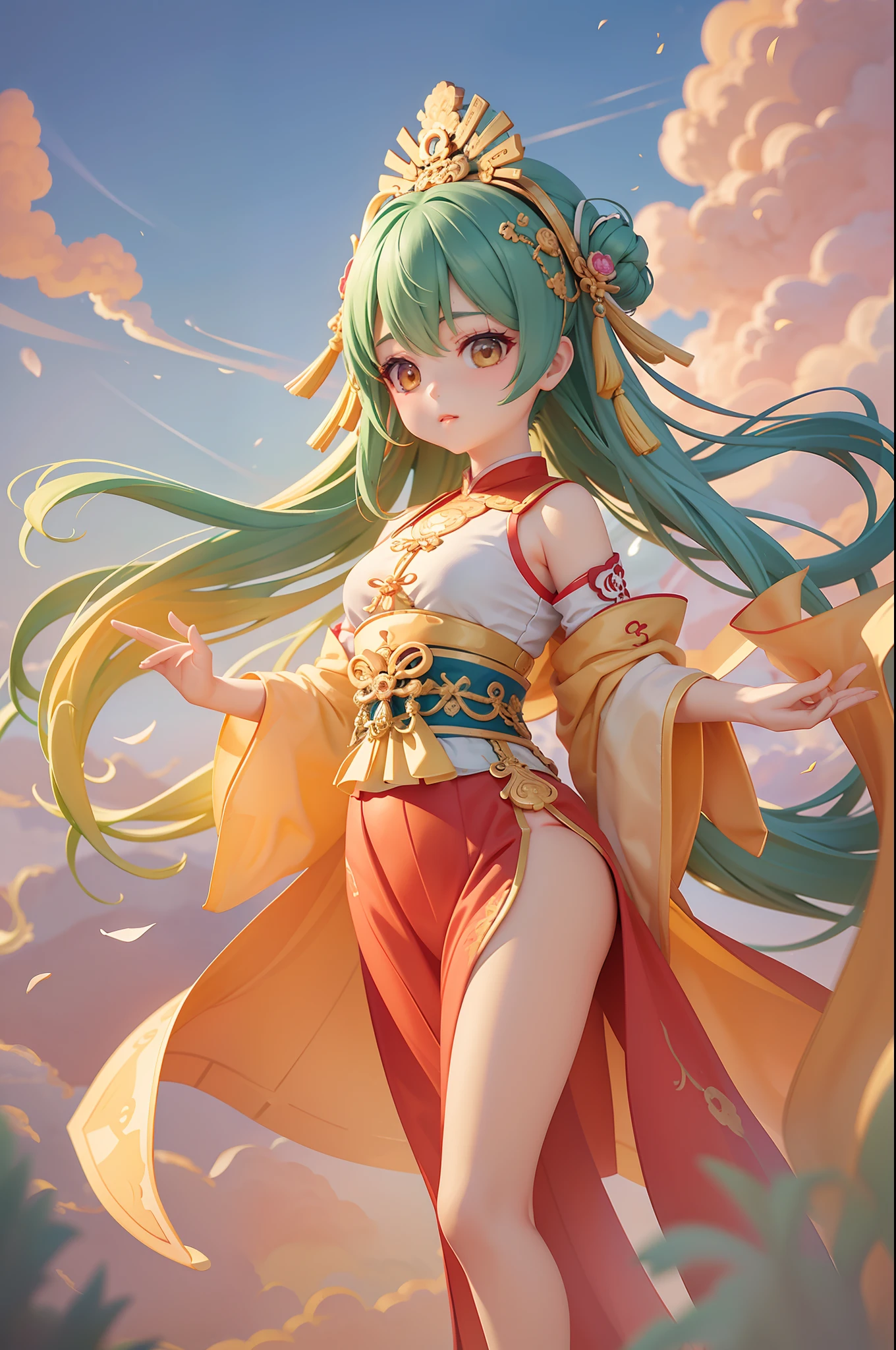 (tmasterpiece,top Quority,best qualtiy,offcial art,Beauty and aesthetics:1.2),(1girll:1.3),The is very detailed,dunhuang,A chubby girl,Chinese Ancient Times,Tang dynasty style,Suspended in mid-air,Colorful clouds