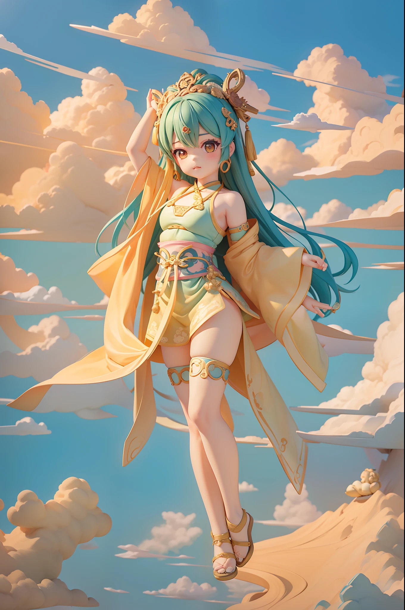 (tmasterpiece,top Quority,best qualtiy,offcial art,Beauty and aesthetics:1.2),(1girll:1.3),The is very detailed,dunhuang,A chubby girl,Chinese Ancient Times,Tang dynasty style,Suspended in mid-air,Colorful clouds