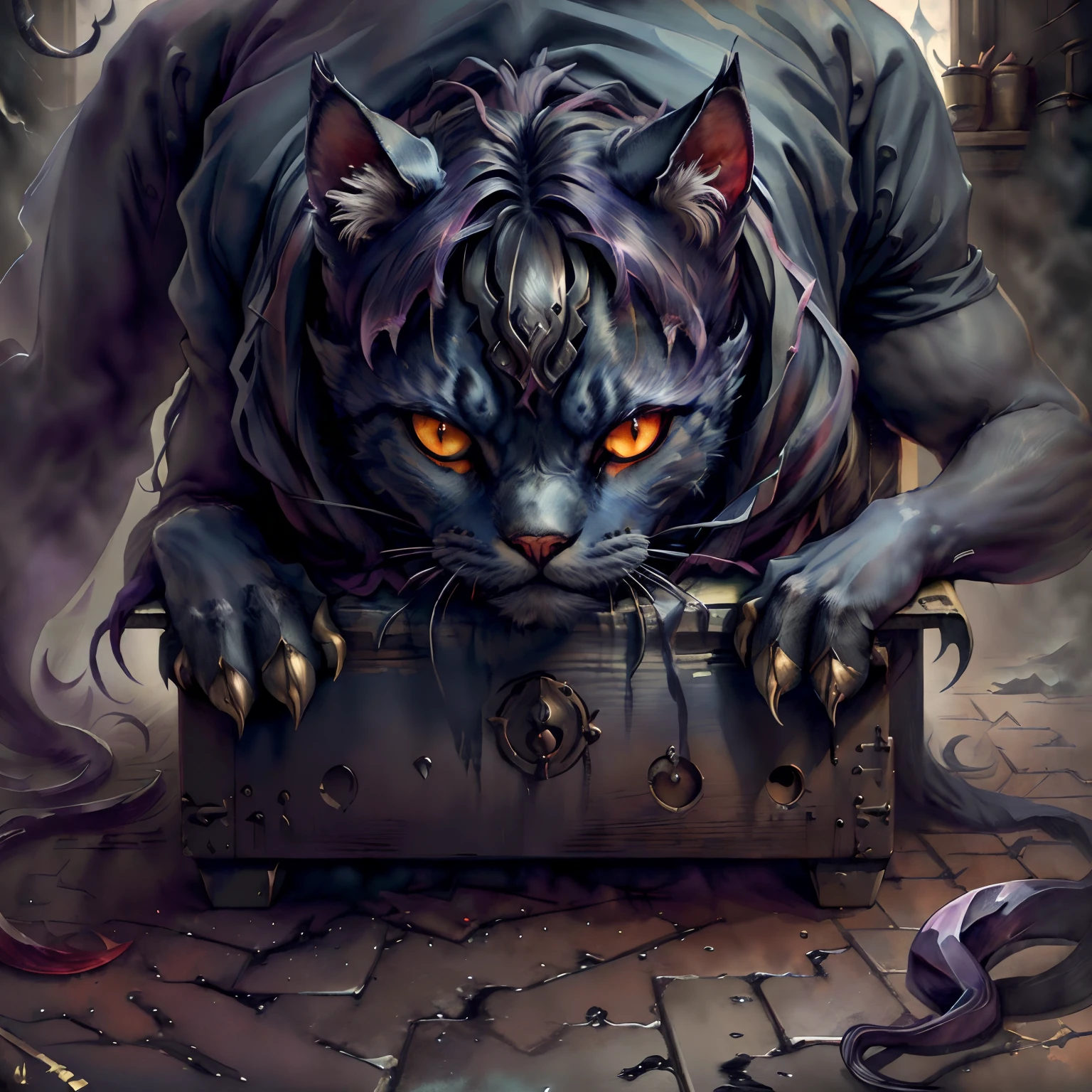 the dark god of cats, ominous creature hiding detailed, portre of a psyschonaut demon, demon,  demon cat, mimic cat