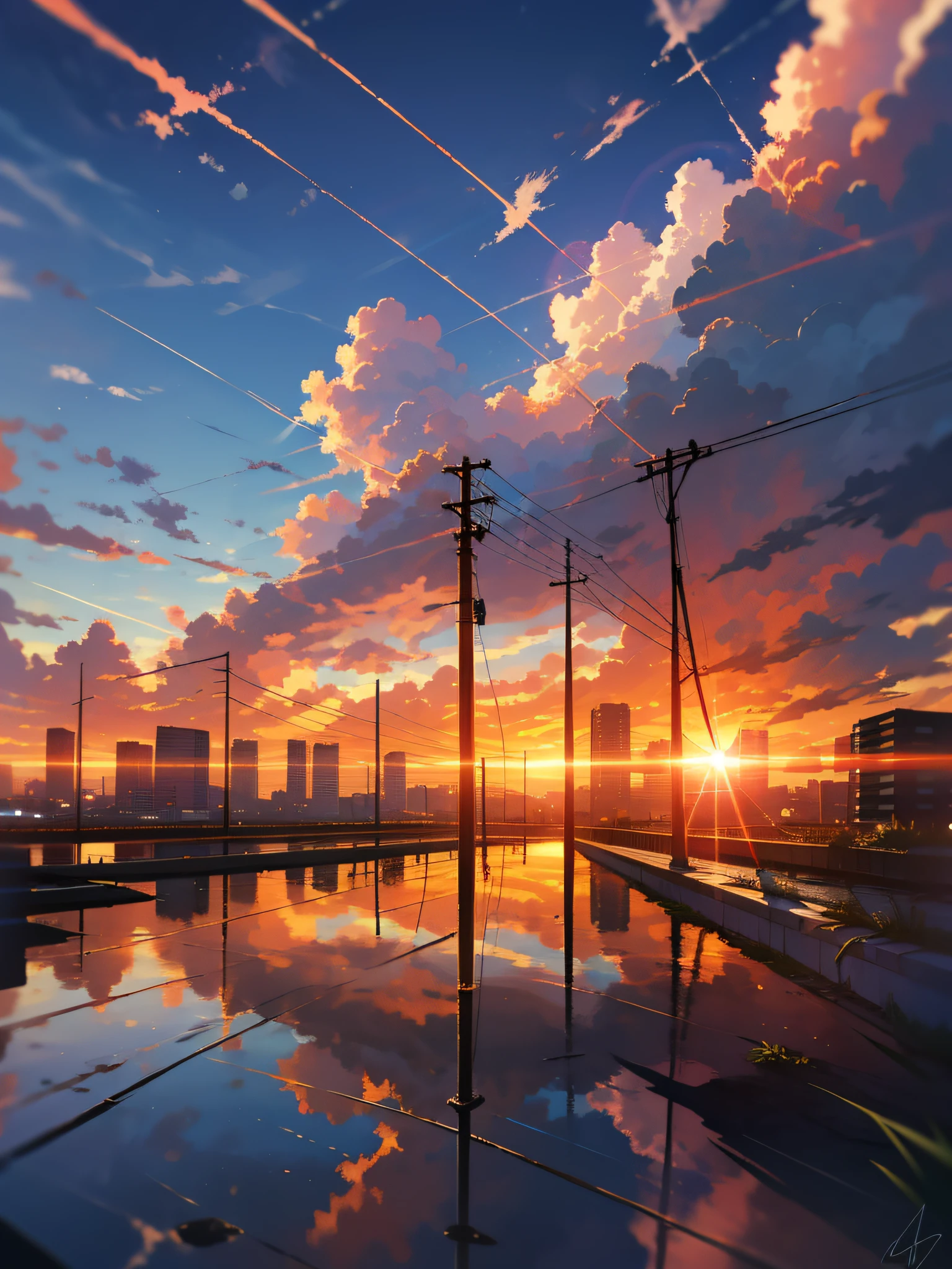 no humans, scenery, cloud, sky, reflection, outdoors, sunset, signature, cloudy sky, sign, utility pole, building, power lines, road sign, blue sky, mirror, city, sun, cityscape, horizon, lens flare