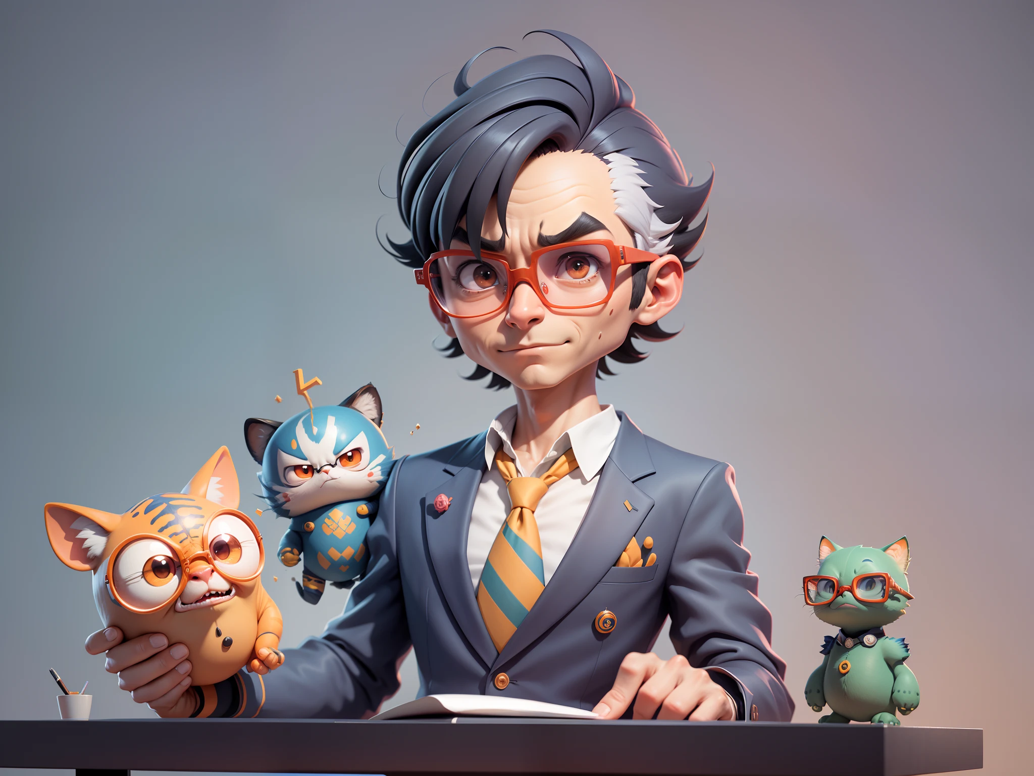 A young man in a suit, Short hair and glasses sat at his desk,holding laptop,digitial painting,tigre,3D character design by Mark Clairen and Pixar and Hayao Miyazaki and Akira Toriyama,4K HD illustration,Very detailed facial features and cartoon-style visuals。