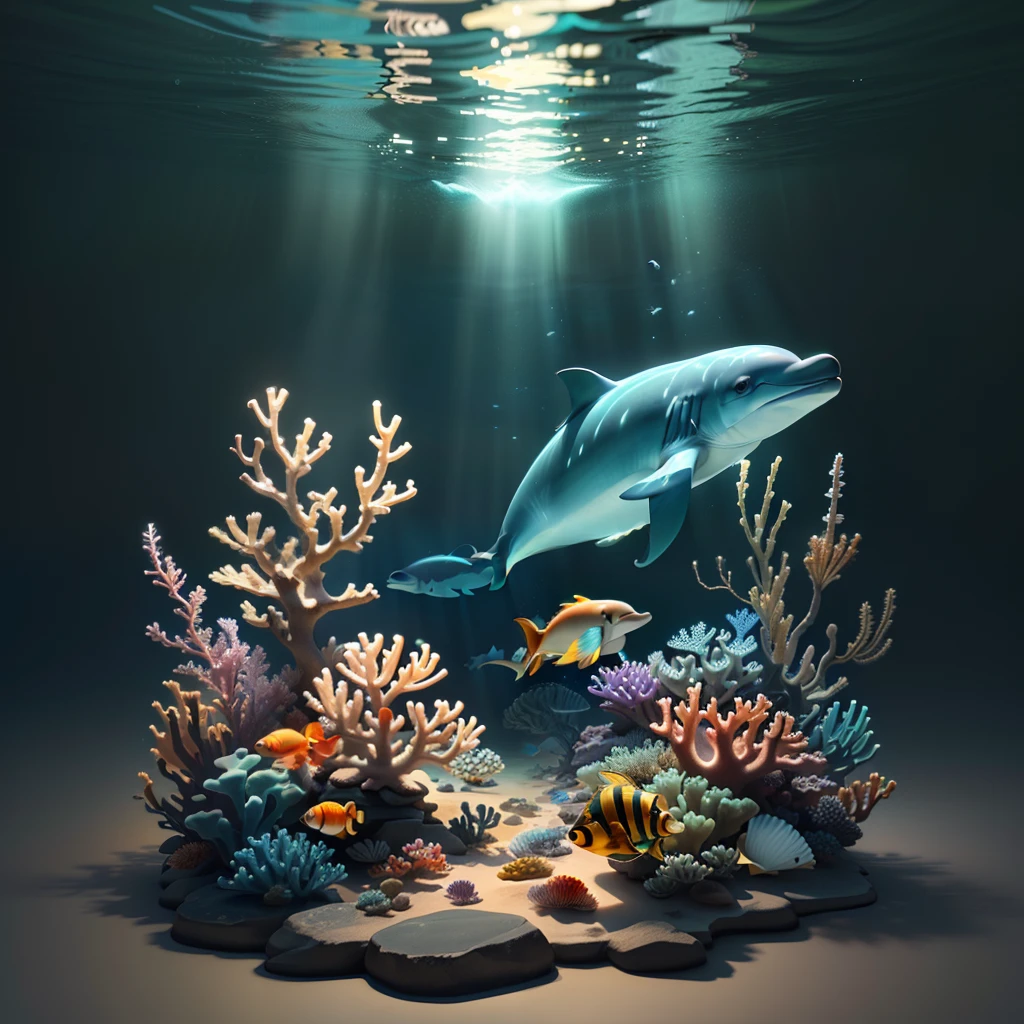 ​masterpiece、best qualtiy、Stunning reflections、Best reflection ever。 (Highly detailed CG Unity 8k wallpapers)、(top-quality)、(The best illustrations)、(Best Shadows)、Nautical theme with natural elements。a dolphin、Variety of shells、Colorful small fish、Small fish and glowing particle effect、、（Natural elements）、（Coral Reef theme）、（tortoise）、（Small fish）、（a dolphin）、(Glow)、(particle effect)。 、Isometric 3D、Octane Rendering、lay tracing、ultra-detailliert