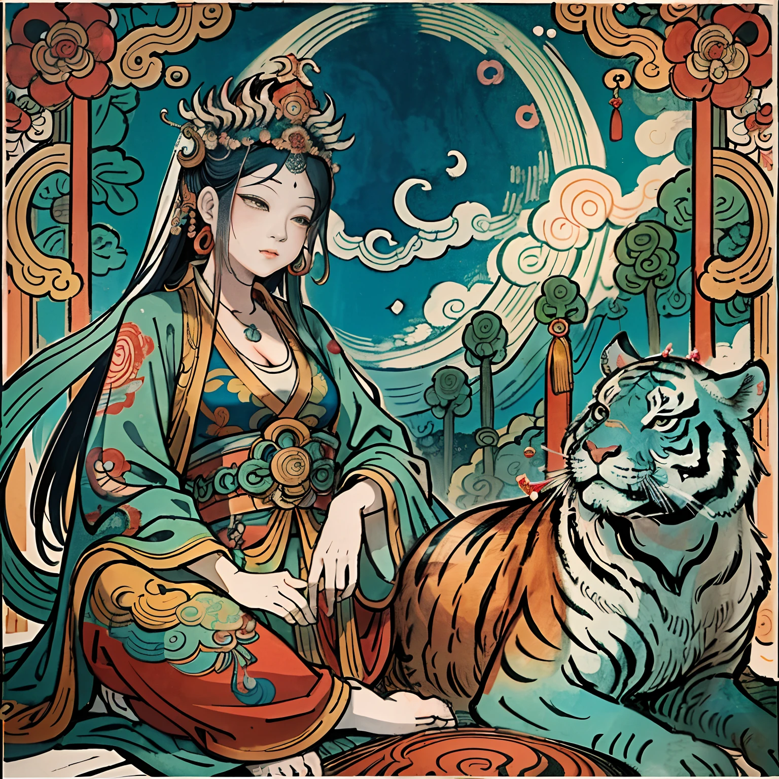 an ancient Chinese goddess, guanyin of the southern seas, Guanyin, Inspired by India, Avalokiteshvara rides a tiger,,Serene expression,shui mo hua,Buddha,Buddhist,Lotus,Chinese painting style,Thangka style