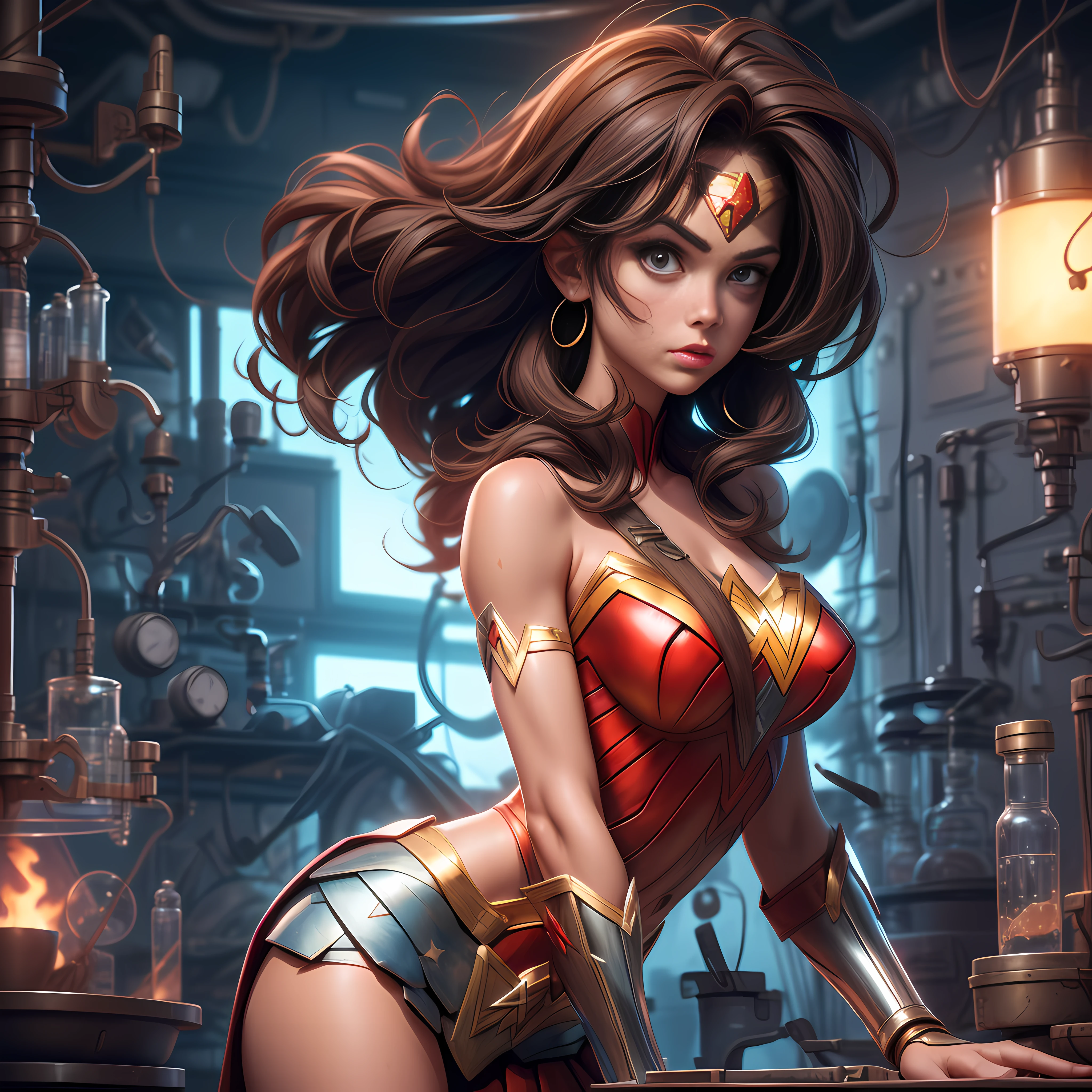 (solo), portrait, (((wonder women))), floating hair, ((in a old science lab)), (full covering lab with plants, firing and broken lab, background on fire), ((hyper detail, best quality, 8k, 16k, hyper resolution, intricate details, Masterpiece, Highly Detailed Face and Skin Texture, ultra-high definition, highly detailed detailed cinematic rendering)), sharp focus, cinematic lighting, back lighting, RAW photo