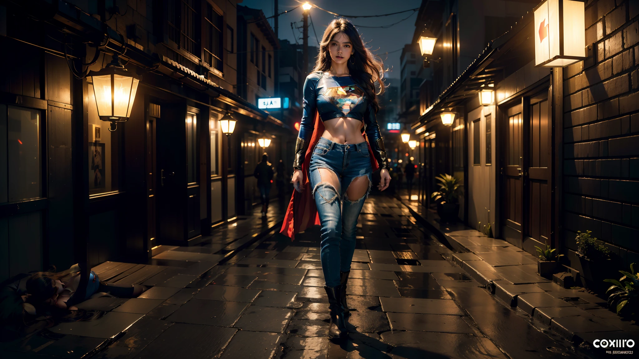 Mulher bonita, mulher americana, com cabelo loiro ondulado, olhos azuis delicados e encantadores, entalhe da coxa, abdome fino, quadris amplos, pernas longas sexy, camiseta em (saia curta jeans), com letra S do superman, botas de coxa pretas, botas de couro, cyberpunk futurista bonito + cidade, mistborn, humid, chuva, obra-prima de melhor qualidade, realista, detalhado, 8k, HDR, profundidade de campo rasa, luz ampla, alto contraste, luz de fundo, flooding, flash, chromatic aberration, foco nítido, foto de cor RAW, Superman S symbol on chest.