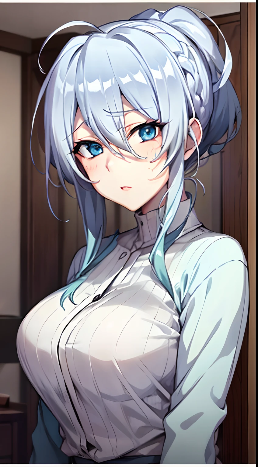 Yukino, in bed, silver hair and  blue eyes, light shirt and no bra, anime visual of a cute girl, screenshot from the anime film, & her expression is solemn, in the anime film, in an anime, anime visual of a young woman, she has a cute expressive face, still from anime, big breast, red cheek, lustful face, fair skin