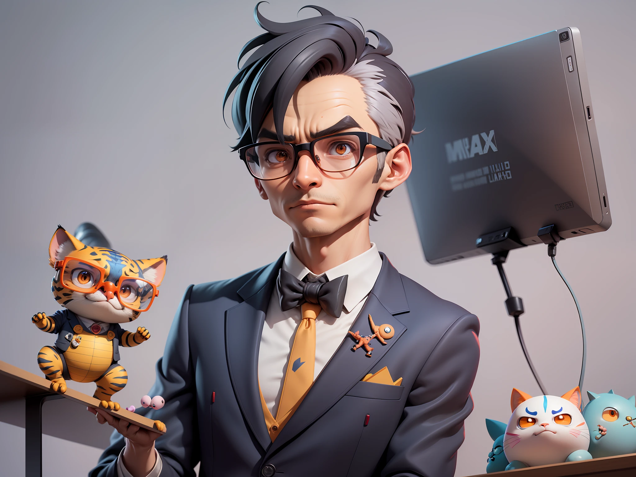 A young man in a suit, Short hair and glasses sat at his desk,holding laptop,digitial painting,tigre,3D character design by Mark Clairen and Pixar and Hayao Miyazaki and Akira Toriyama,4K HD illustration,Very detailed facial features and cartoon-style visuals。