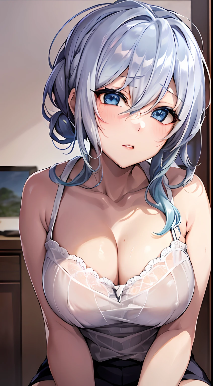 Yukino, in bed, silver hair and blue eyes, light shirt and no bra, anime visual of a cute girl, screenshot from the anime film, & her expression is solemn, in the anime film, in an anime, anime visual of a young woman, she has a cute expressive face, still from anime, big breast, red cheek, lustful face, fair skin