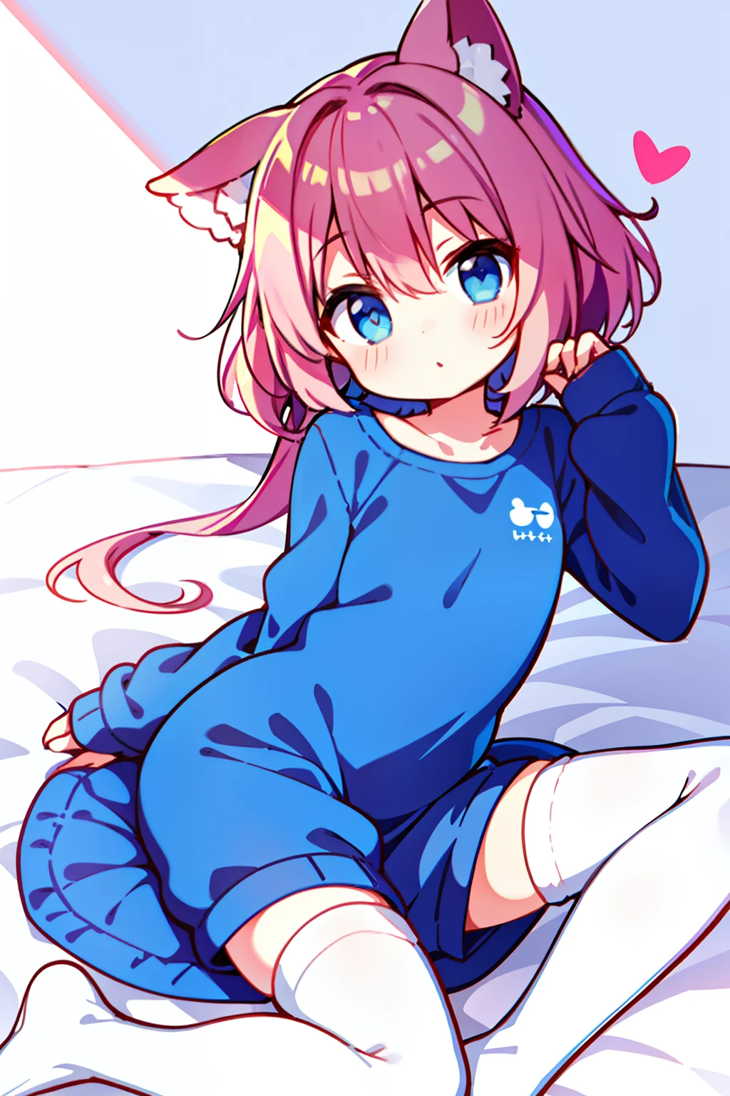1loli,full bodyesbian,leisure wear,Fleshy legs,white stockings,Lie down in bed,Cute white background, (Speaking heart:1.4)