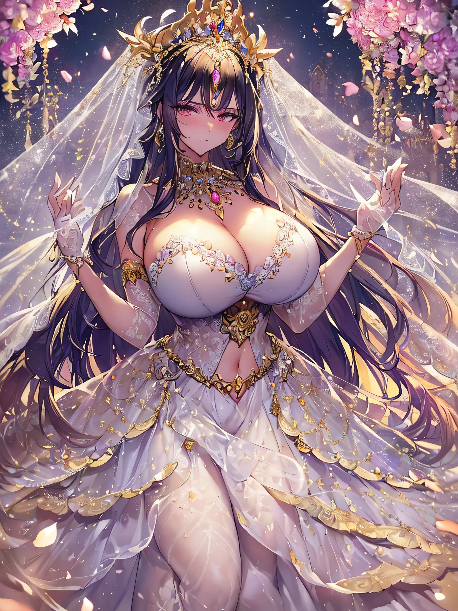 ((anime artstyle)),(Masterpiece),(Best Quality), (Super Detail),((Very Delicate and Beautiful)),(((Solo))),((full body)),(((1 bling-bling princess in beautiful embroidery and jeweled gorgeous See-through wedding dress with voluminous full length hoop skirt))),bling-bling,Long train,(bling-bling gorgeous gemstone jewelry),detailed face and eyes,jewel-like eyes,cry,((embarrassed)),anguish,((large amount of straight hair,extremely voluminous Very Long Hair,Very Long Straight Hair)),(((gigantic tits,Long tits))),cleavage,(gorgeousfull embroidery and lace),gorgeous corsage,See-through,extremely gorgeousfull hair ornament,((bling-bling extremely gorgeousfull jeweled tiara)),(long bridal veil),ornate ruffles,(hoop skirt,crinoline),white lily flowers, flower petals flowing,((Dynamic Angle)),Looking at viewer,((full body)),((beautiful embroidery and jeweled extremely gorgeous See-through wedding dress with voluminous full length hoop skirt))