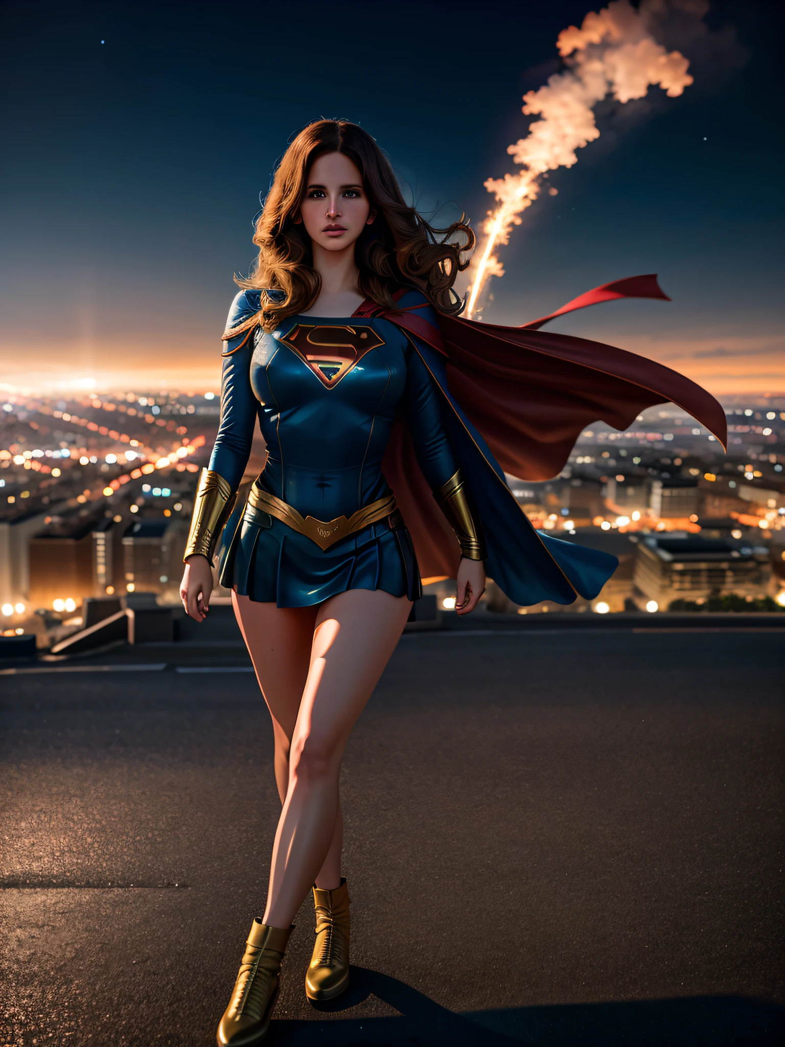 long range photo of Lana Del Rey as Supergirl, (Flying), film still, skin tight outfit, mini skirt, floor length cape blowing in the wind, (flying high above Metropolis), extremely high quality RAW photograph, detailed background, intricate, Exquisite details and textures, highly detailed, ultra detailed photograph, warm lighting, artstation, 4k, sharp focus, high resolution, detailed skin, detailed eyes, 8k uhd, dslr, high quality, film grain, Fujifilm XT3,