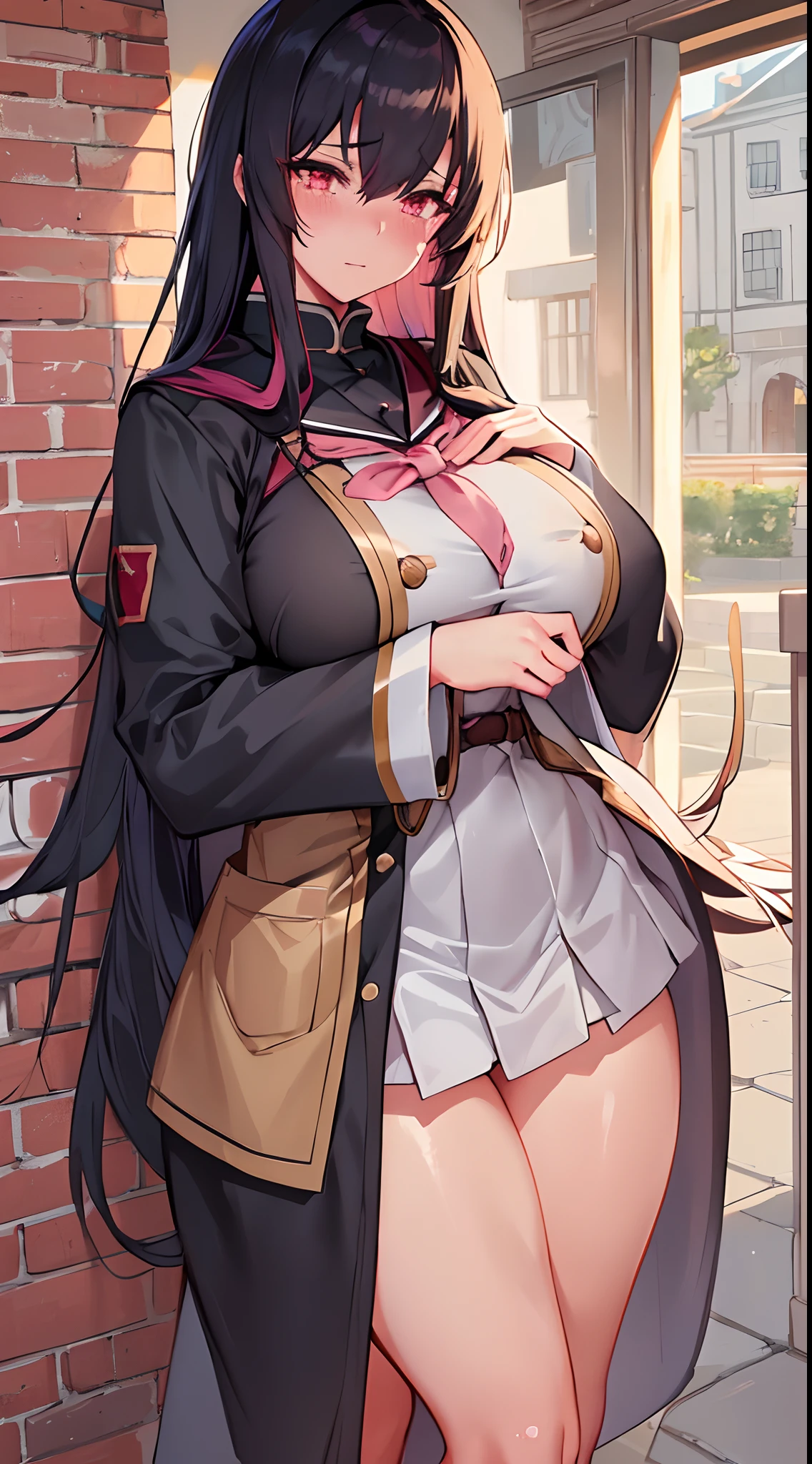 NSFW, (School uniform), (mushoku tensei, Akatsuki-chan, Dynamite Body, Drooping big tits:1.2, age19), (Straight hair, Very beautiful black hair, Beautiful bangs),  (​masterpiece:1.2, of the highest quality:1.2, 8K, 2D:1.3, wall-paper:1.2, The Ultimate Illustrator:1.2, High resolution), (More eyelashes), (Sharply drawn eyes, Tears), Extremely Close, (Ultra detailed eyes, bright pink eyes:1.2), (Beautiful detail double), Smooth nose, (Best proportions:1.2, Curvaceous:1), (Walk along a very bright brick street), pleasant sensation