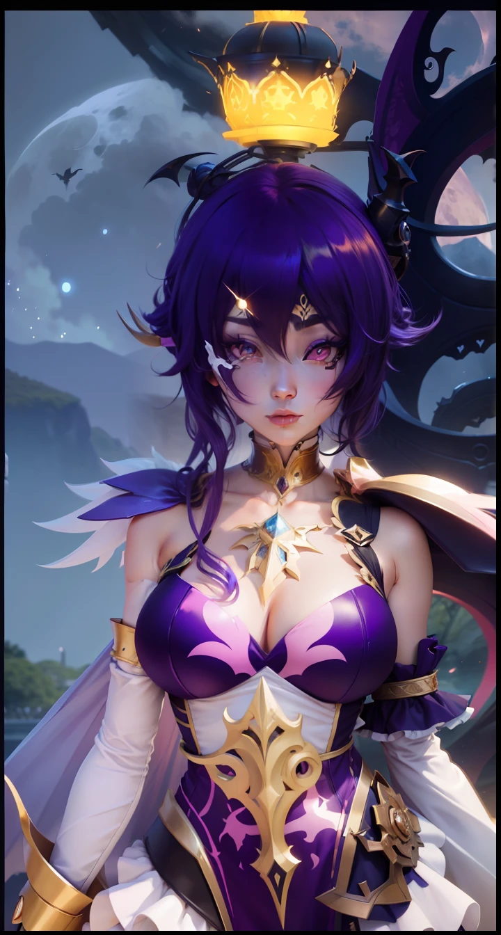 Anime character with horns and a heavy cybe parapet in the colors white dark pink standing in front of a full moon, moon clothes, fantasy outfit, in-game render, astral witch clothes, highly detailed full body, anime very detailed, clear outfit design, hair color white dark pink, 8k octae render photo, beautiful celestial demonin with large black cyborg wings on both sides