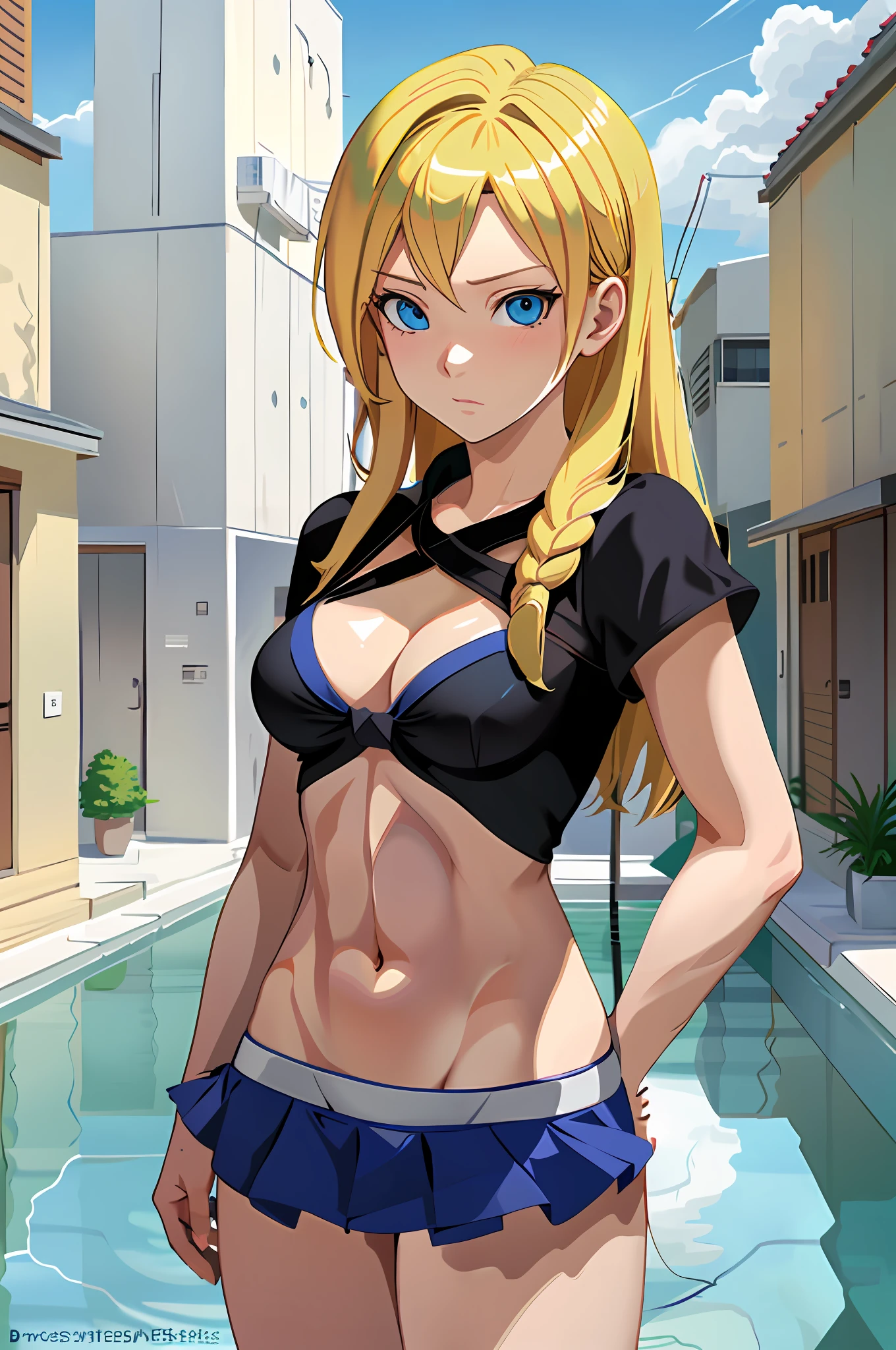 Anime girl with blonde hair and blue eyes posing in bikini, realistic anime 3 d style, Seductive Anime Girl, charming anime girls, clean detailed anime style, beautiful alluring anime teen, realistic shaded perfect body, artwork in the style of guweiz, Anime Realism Style, Realistic anime art style, perfect android girl, realistic young anime girl, anime highly detailed