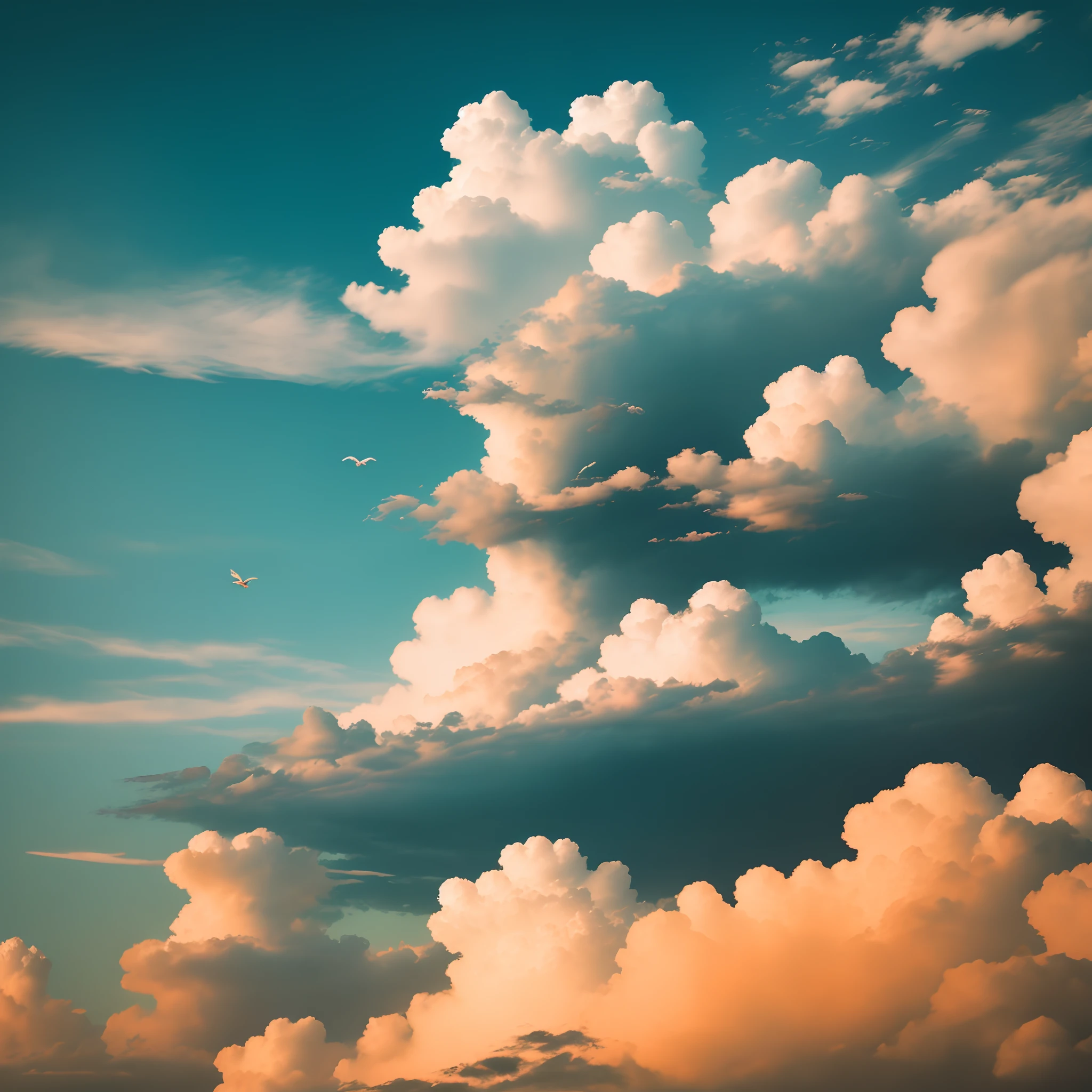 a warm color palette，Clouds，The bird，4k