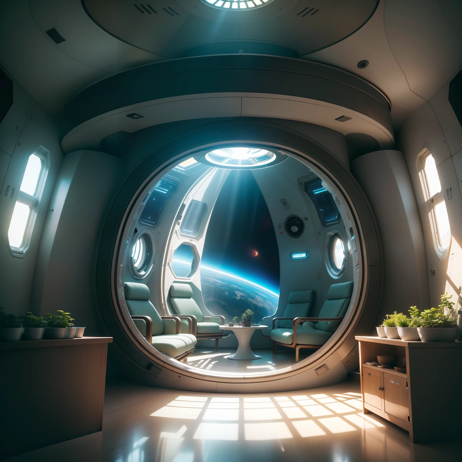 Sci-fi interior of a space plantation capsule，Round hall，Inside there are 10 layers of vegetable planting flats，Glass canopy，Outside the window is a spectacular view of Earth's outer space，Realistic rendering，colors full。