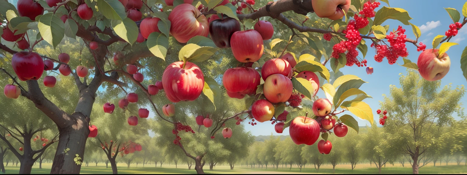 There are many apples hanging from the trees in the orchard, apple trees, red apple, The best texture,超高分辨率,(Realism 1.4)