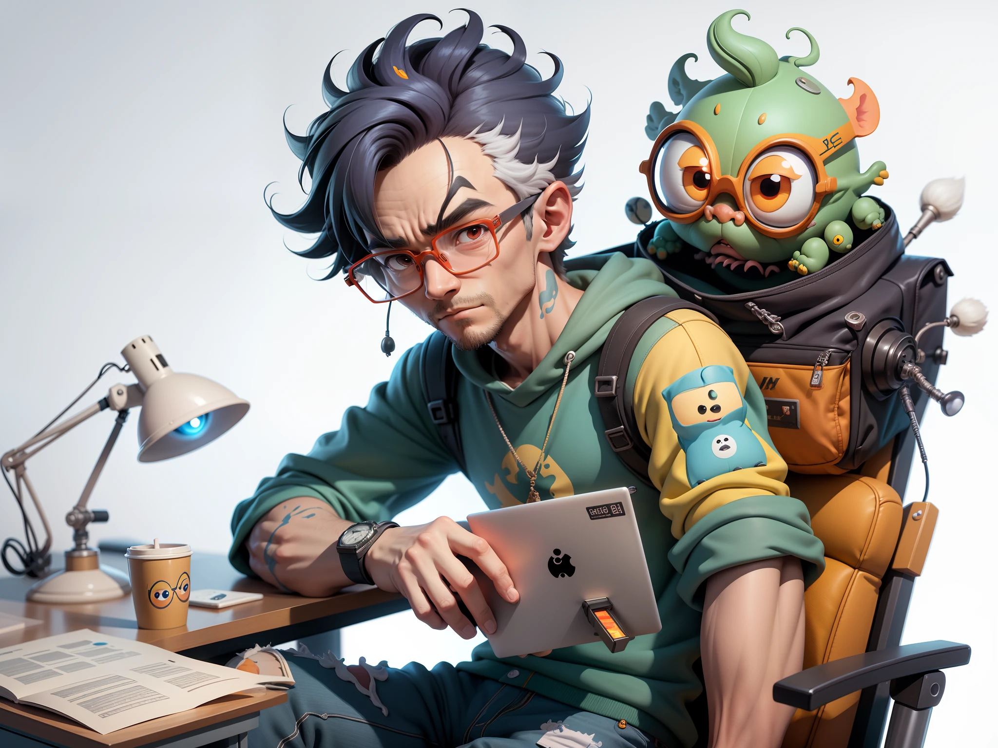 A young man with glasses sits at his desk,holding laptop,digitial painting,3D character design by Mark Clairen and Pixar and Hayao Miyazaki and Akira Toriyama,4K HD illustration,Very detailed facial features and cartoon-style visuals。