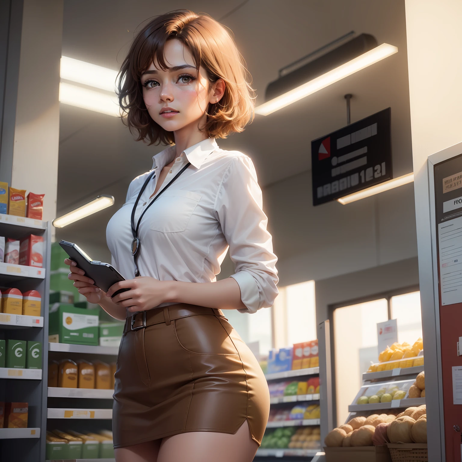 (Supermarket: 1), Afternoon, Doctor's Suit, Light Brown Fringed Short Hair, Light Brown Eyes, 1girl, Innocent, (Realism), (Fineness: 1.2), (Masterpiece: 1.3), (Best Quality: 1.4), (Ultra Resolution: 1.2), Ultra High Resolution, (Detailed Eyes), (Detailed Facial Features), HDR, 8K Resolution, (Lens Flare: 0.7), Turn Around, Busy with Inspection Report, Face Viwer, Drshe