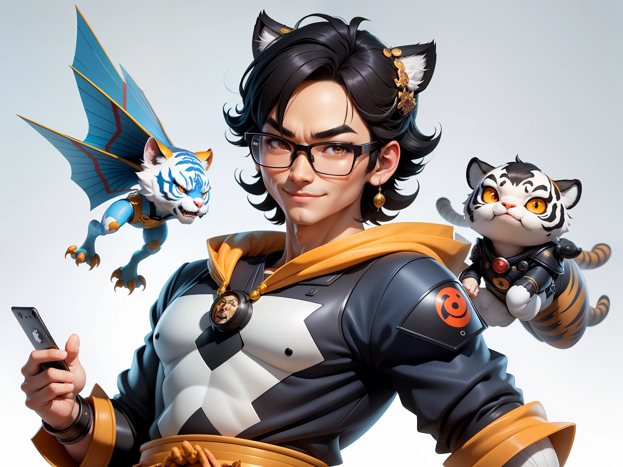 (Masterpiece), (Excellent), (Super Meticulous), (Full Body: 1.2), Super Young Man with Japanese Female Geisha, Pretty, Beautiful, Chinese Dragon, Tiger, Wind God Thor, Sexy, Bursting, Oriental Face, TV Anchor, Bust Portrait Illustration, Black Suit, Blue Tie, Slightly Chubby Face, Silver Glasses, Very Clean Face, No Beard on Chin, Black Super Short Hair, Black Eyes, Confident Smile, 3c Computer Sub-Products, iPad, iPhone, Digital Painting, 3D character design by Mark Clairedon and Pixar and Hayao Miyazaki and Akira Toriyama, the illustrations are HD illustrations in 4K resolution with highly detailed facial features and cartoon-style visuals.