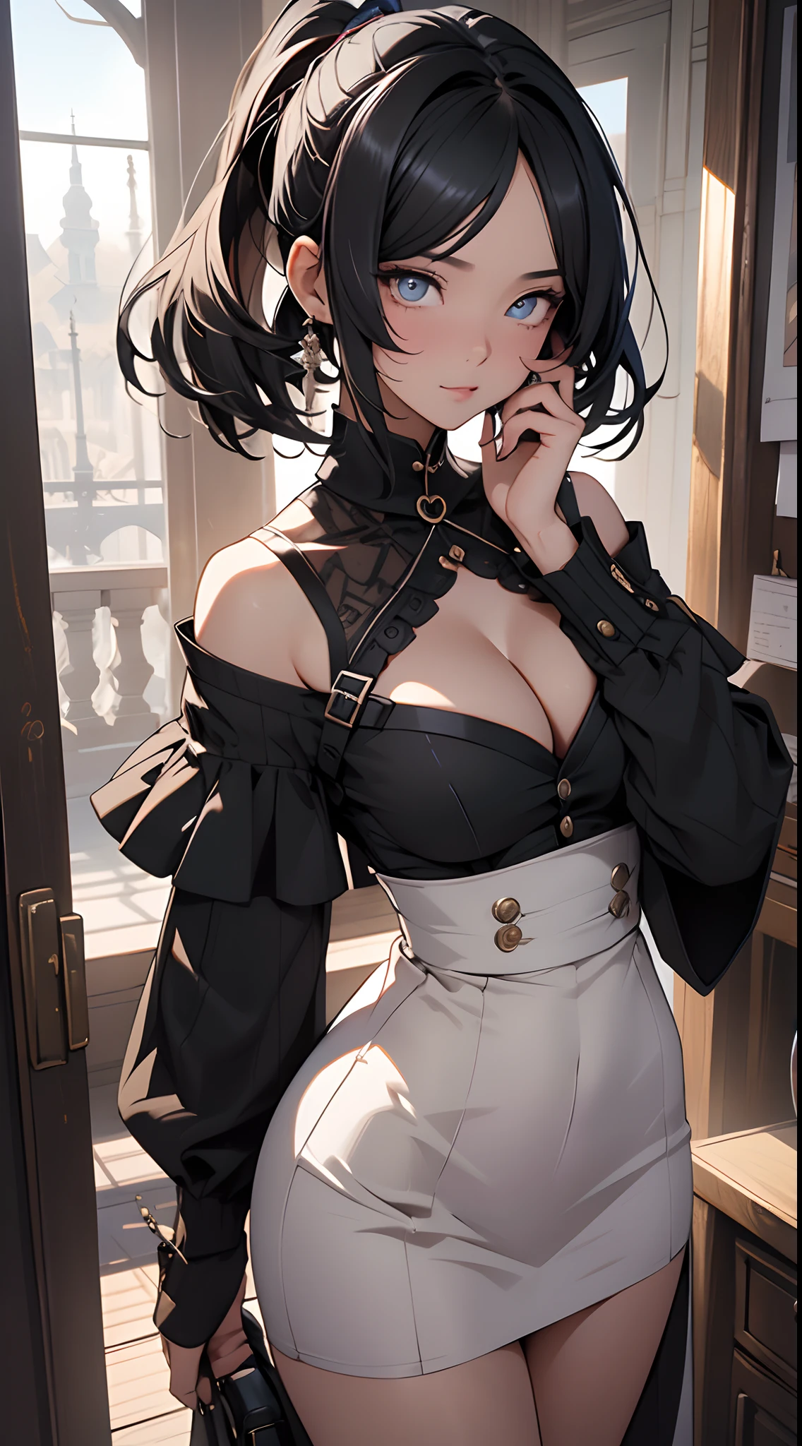 tmasterpiece， Best quality at best， beautidful eyes， Detailed eyes， 详细的脸， scenecy， Detailed CG， ultra - detailed， Best shadow， depth of fields， Beautiful illustration， illustratio， Tremendously beautiful， perfect  detail， 1girll， 独奏， jocker，cleavage，The shoulder straps slip off，Large breasts， black andwhite， with short black hair，Off-the-shoulder attire，Insufficient tailoring， Hair is more than one eye， dynamicposes， Bright colors， fish eye， dent in the skin， poggers， Fly from above