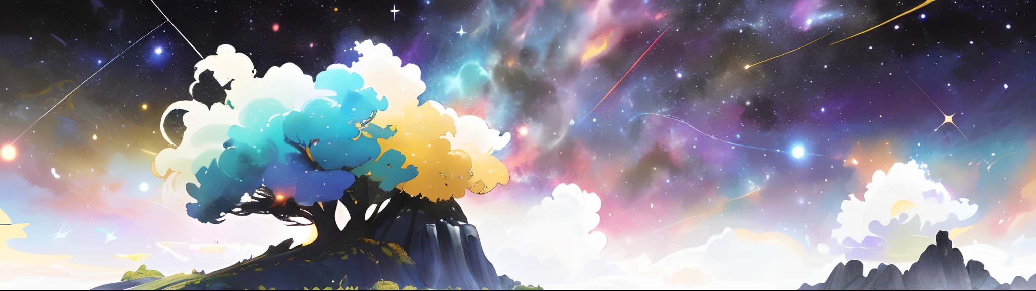 ((Masterpiece)), (((Best quality))), ((Ultra-detailed)), ((illustration)),[realism light effect],black shadows,(Fantasy style),(White background:1.6), Simple background, (earth theme),(cloaks)[(hair focus,((1girll)),[(big slime hair): (Cloud hair):0.3], (hair on background),(High saturation),(Hair is surrounded by galaxy splashes），））：（（Her hair is turning into a galactic cloud，：1.27628），（Hair and clothes are galactic clouds and star clusters：1.1025），（The cloak is turning into a galactic cloud）（Colorful_milky ways_print_clusters_af_stars_print：1.35） ,((Detailed starry sky with colorful galaxies and galactic clouds):1.2)):0.35], (((tmasterpiece))),(((best qualtiy))),((ultra - detailed)),(illustratio), (dynamic angle),((floatking)),(Paintwork),((Loose hair)),((beautifull detailed face)),collars,cropped shoulders,((The color hair)),((Striped hair)),Beautiful detailed eyes,(Gradient color eyes),(((Colored eyes))),(((coloured background))),(((high saturated))),(((Surrounded by colorful splashes))),(((Surrounded by colored dots))),Colored bubbles,((Shiny)),（Black starry sky background）