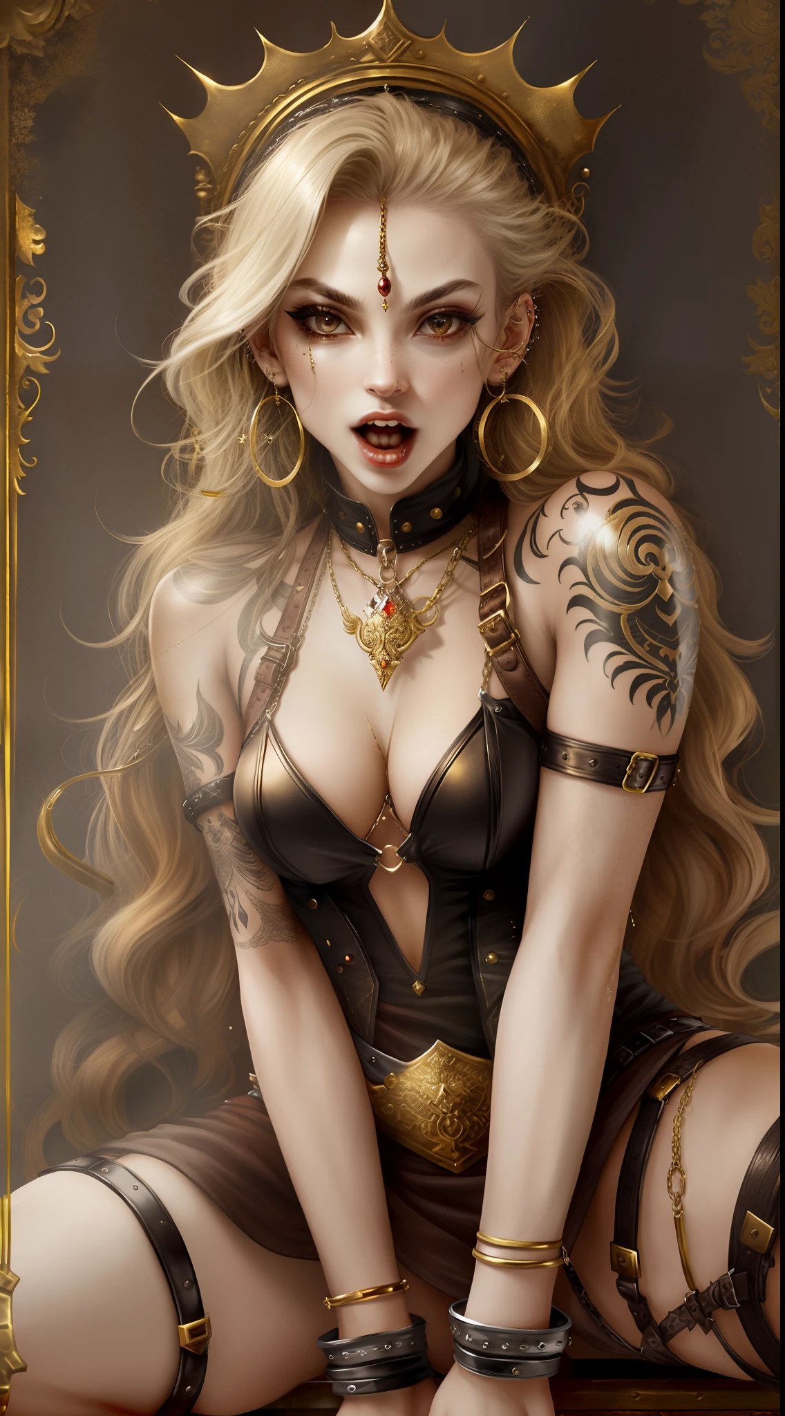 slutty RoYal Vampire with fangs and petite body, small breasts, tattoos and piercings. Sensual Pose, Squatting, Pierced , garter straps. Gold Circlet Crown. Gold Jewelry. See-through-dress. Handcuffs.