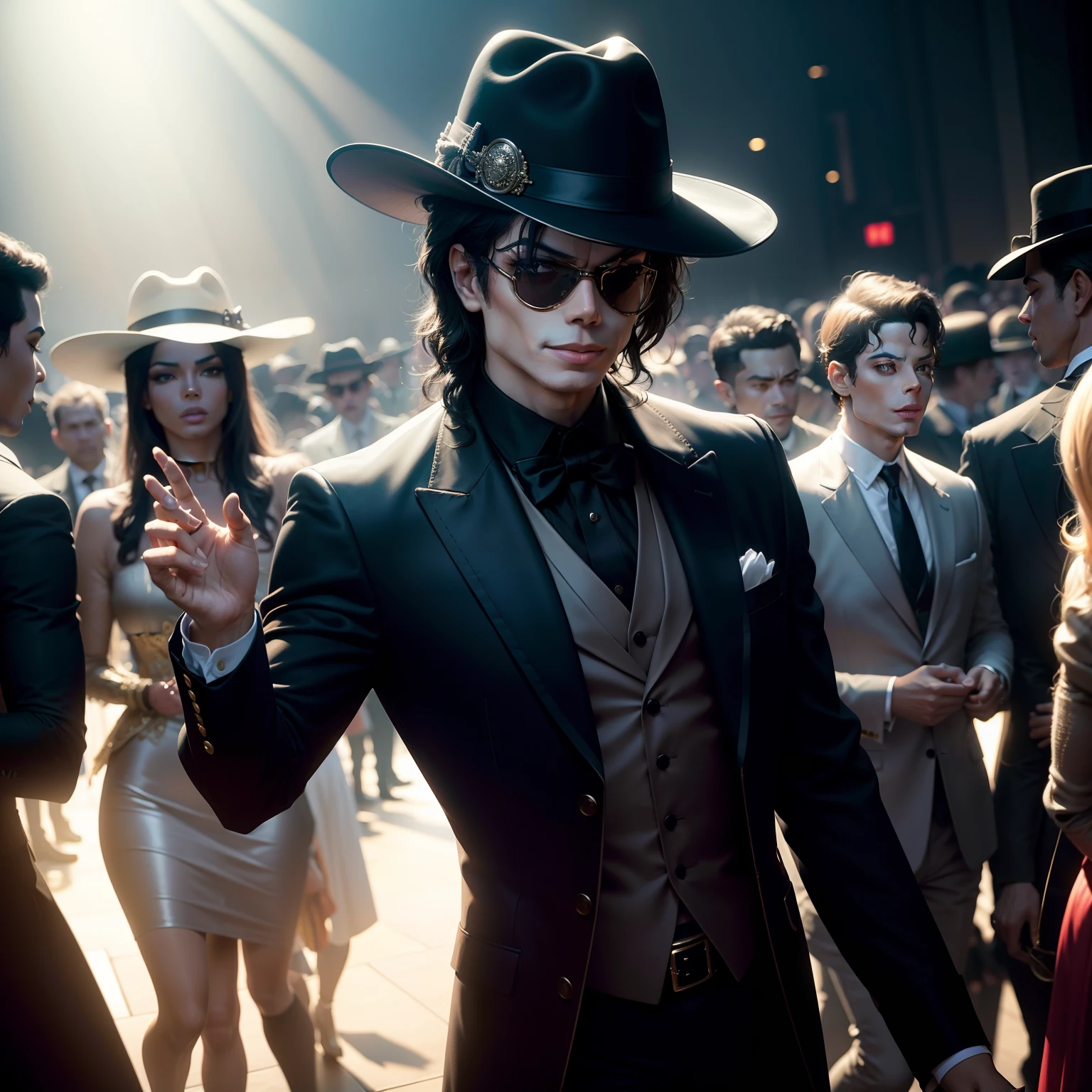 Michael Jackson at a party full of crowds，Masquerade Party，Michael Jackson wears a suit and a fedora hat，Um lugar com muita luz，Ultra foto realsisim。