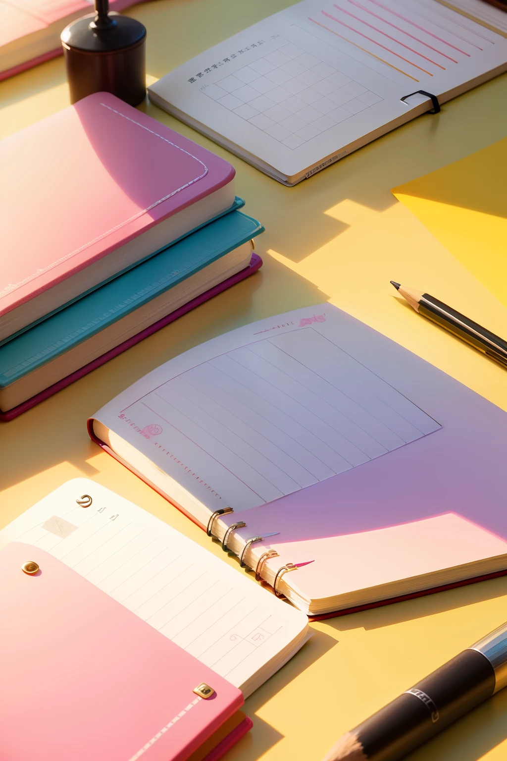Bright colors、Pictures with pastel tones and specific textures。The picture includes a pencil、ruler、Items such as notebooks