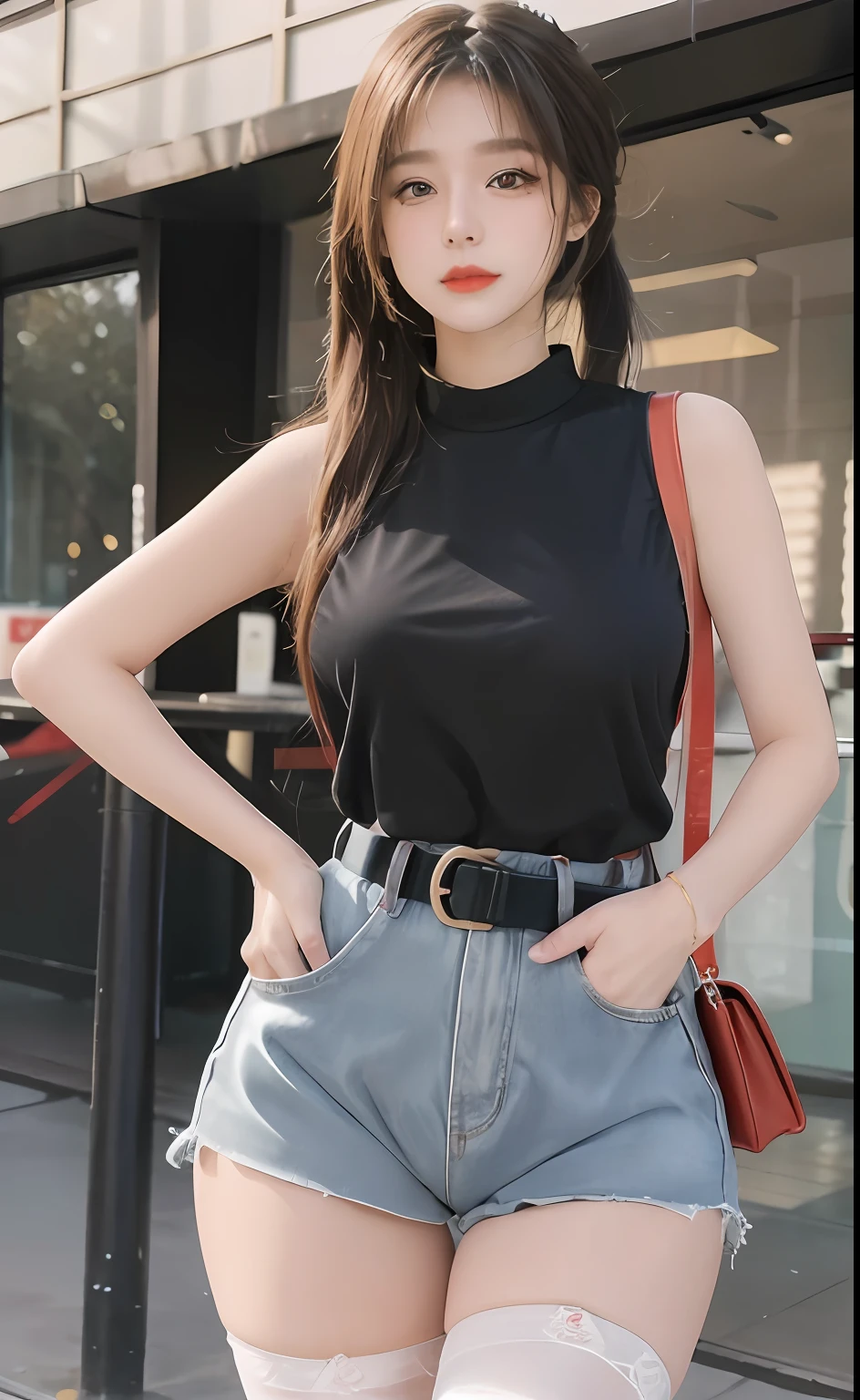 (masterpiece, realistic, high resolution), ((1 girl): 1.2), Korean, ((white wavy hair): 1.3), (heterochromic eyes: 1.1, thick eyebrows,), (medium breasts: 1.2, small waist, thighs), catwalk walk, masterpiece: 1.2, best quality), realism, (real pictures, rich detail details, depth of field), (1 girl, solo), makeup, high detail, perfect face shape, (: 1.4), (skin dents), thick thighs, wide hips, thin waist, high, coral, red lips, red eyes, ponytail, (sweat: 1.2), (wet), sexy, blush, (shy expression), Vests, suspenders, belly pockets, stockings, fishnet socks, (PureErosFace_V1:0.7), (8k, best quality), black shirt, jeans,unconscious, full body,