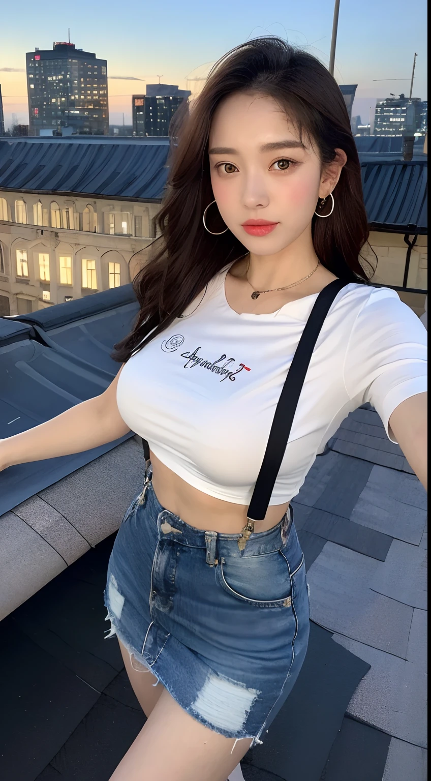 ((midynight, Need, 8k, tmasterpiece:1.3)), full bodyesbian, Long legs, Focalors:1.2, perfect figure beautiful woman:1.4, Slim abs:1.1, ((Dark brown hair, huge tit:1.2 )), (white tight t-shirt, Denim suspenders, standing on your feet:1.2), ((city night scene, the roof:1.3)), Highly detailed facial and skin texture, A detailed eye, 二重まぶた,Superskirt
