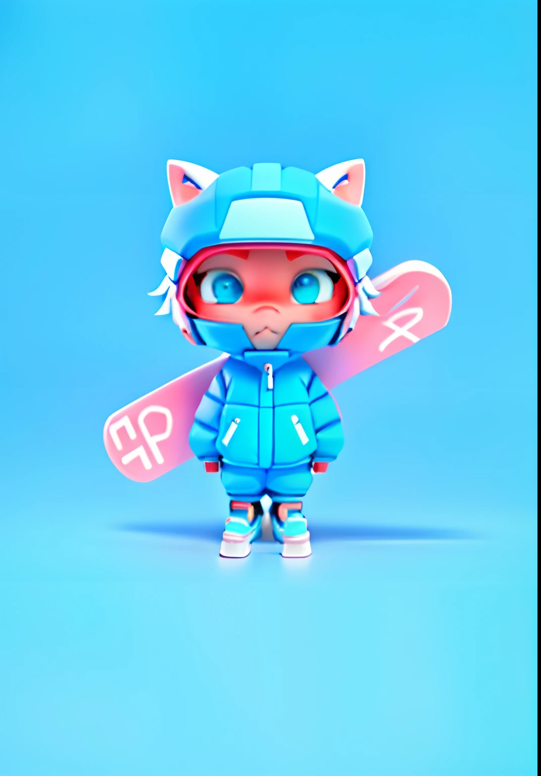 Blue ski suit,Blue sneakers,Cute boy,white color hair,White wolf ears,Smooth skin,Fair skin,pink blush,largeeyes,Blue-green dream pupils,Bright colors,Fantastic color scheme,Blue protective cap,adolable,The skis are orange,Smooth skis