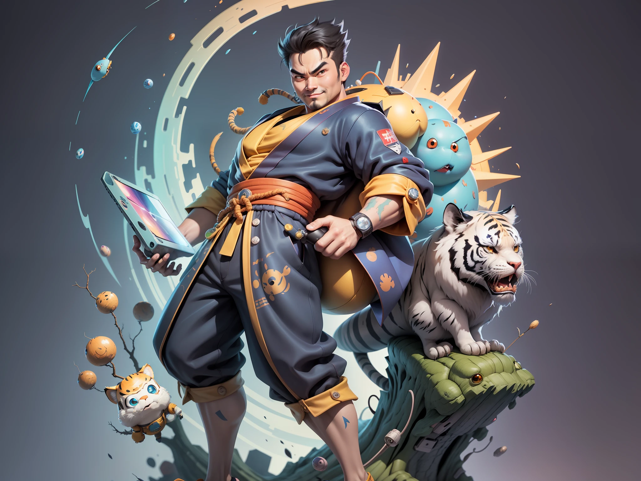 (Masterpiece), (Excellent), (Super Meticulous), (Full Body: 1.2), Super Young Man, Oriental Face, Japanese Kimono, Japanese Wind Thunder God, Dragon, Tiger, TV Anchor, Bust Portrait Illustration, Alone, Black Suit, Blue Tie, Slightly Chubby Face, Very Clean Face, No Beard, Black Super Short Hair, Black Eyes, Confident Smile, 3c Computer Sub-Products, iPad, iPhone, Digital Painting, 3D Character Design by Akira Toriyama and Mark Claireden and Pixar and Hayao Miyazaki, The illustration is a high-definition illustration in 4K resolution with very detailed facial features and cartoon-style visuals.