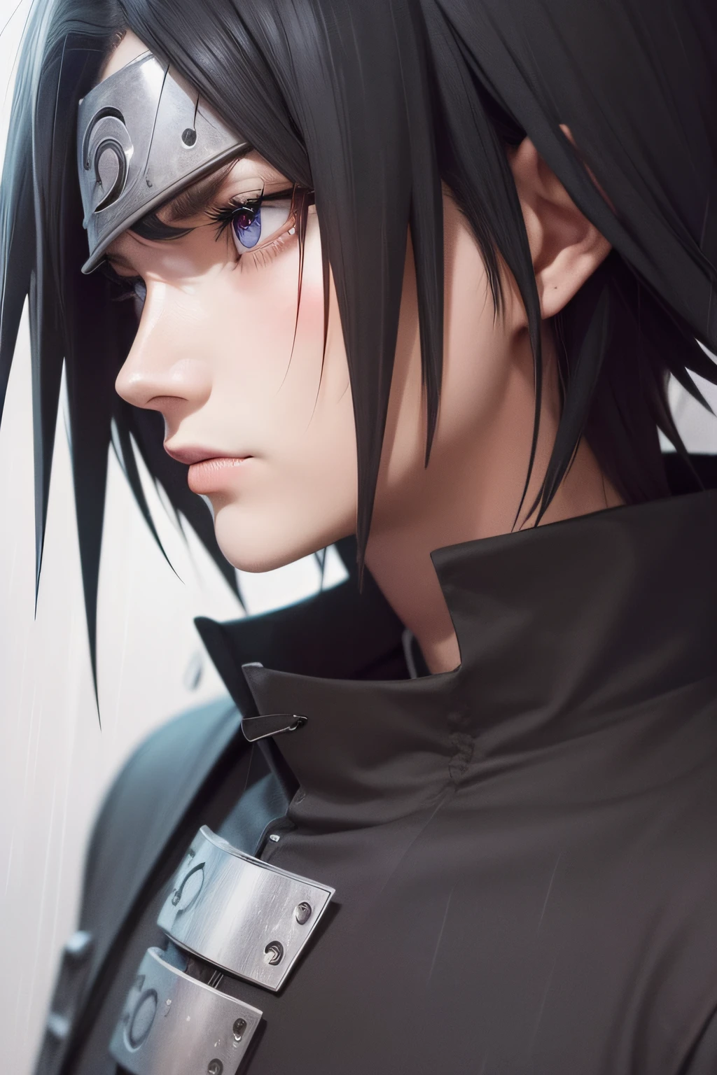 Rainy Background, Close up angle, depressed, battle scarred, Sasuke Uchiha