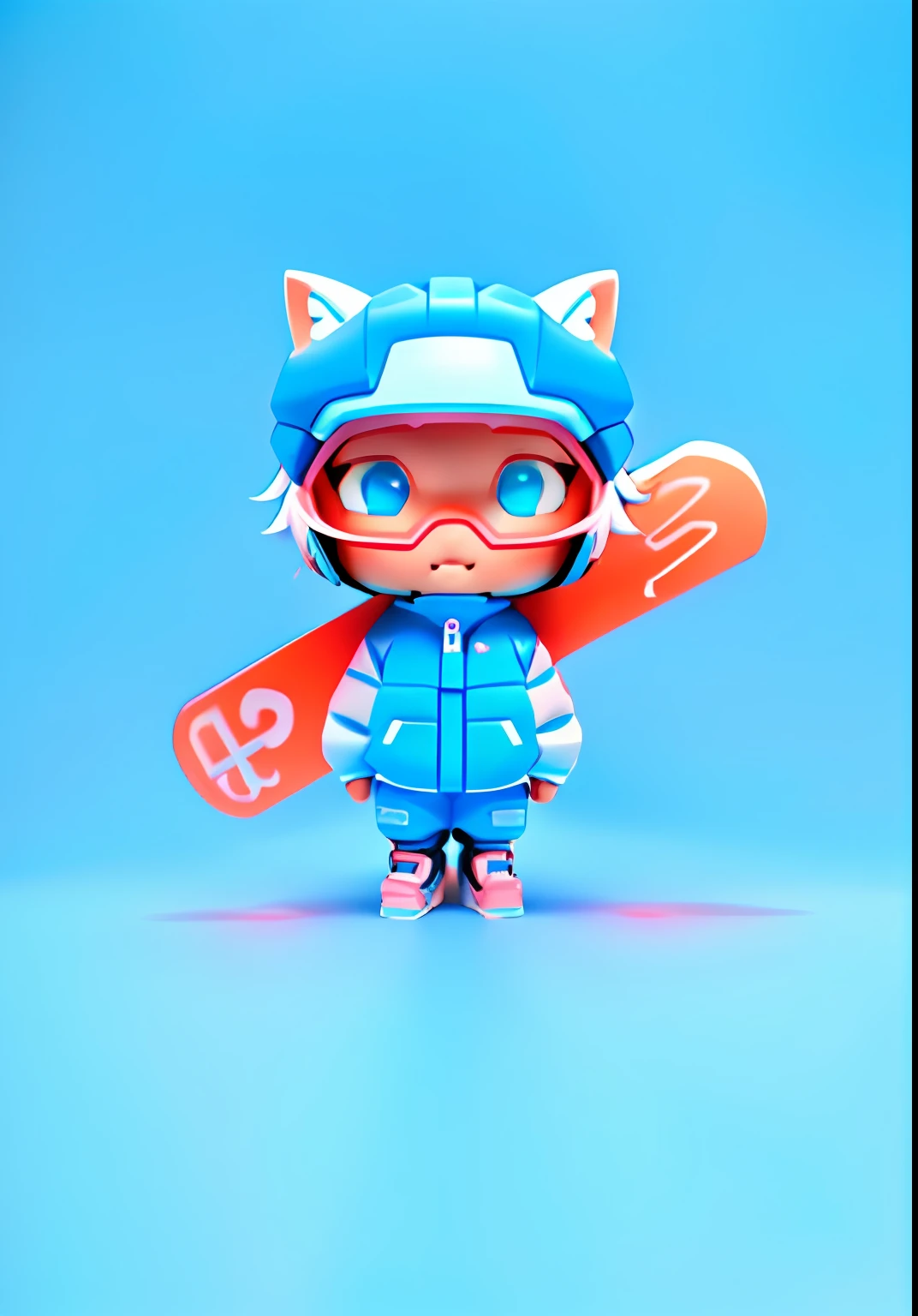 Blue ski suit,Blue sneakers,Cute boy,white color hair,White wolf ears,Smooth skin,Fair skin,pink blush,largeeyes,Blue-green dream pupils,Bright colors,Fantastic color scheme,Blue protective cap,adolable,Orange skis,Smooth skis,high detal,adolable