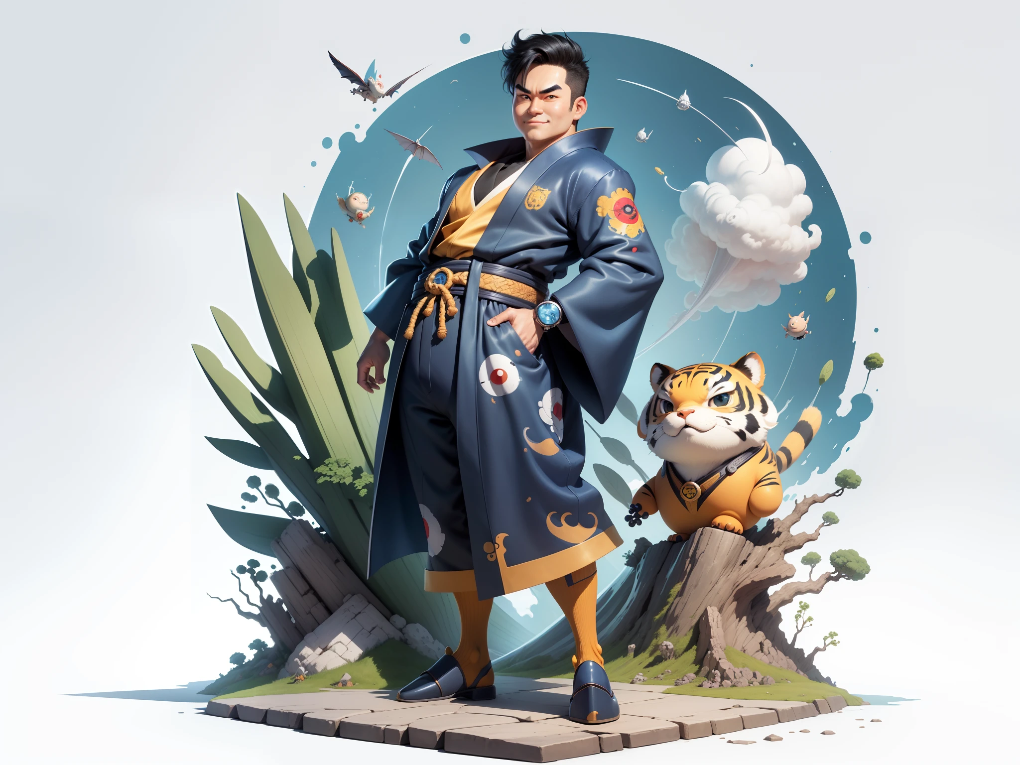 (Masterpiece), (Excellent), (Super Meticulous), (Full Body: 1.2), Super Young Man, Oriental Face, Japanese Kimono, Japanese Wind Thunder God, Dragon, Tiger, TV Anchor, Bust Portrait Illustration, Alone, Black Suit, Blue Tie, Slightly Chubby Face, Very Clean Face, No Beard, Black Super Short Hair, Black Eyes, Confident Smile, 3c Computer Sub-Products, iPad, iPhone, Digital Painting, 3D Character Design by Akira Toriyama and Mark Claireden and Pixar and Hayao Miyazaki, The illustration is a high-definition illustration in 4K resolution with very detailed facial features and cartoon-style visuals.