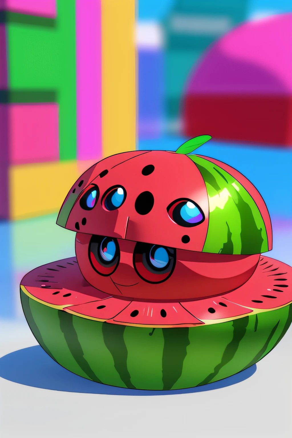 Ferocious watermelon cartoon IP by Pop Supermarket, Bright eyes, a blind box toy, Glossy and delicate, Clean background, Good gloss, full bodyesbian, 3D rendering of, oc rendered, Best quality, 4K, Super detail