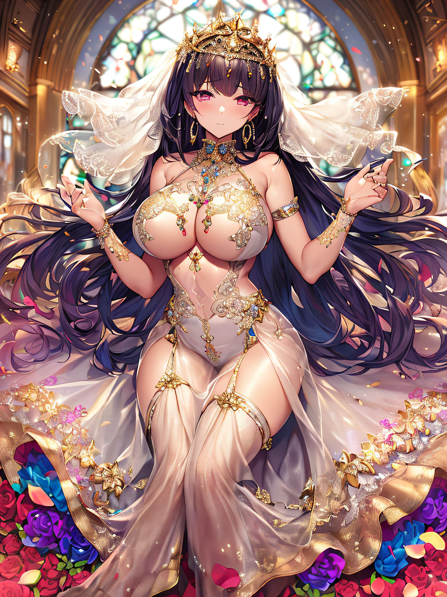 ((anime artstyle)),(Masterpiece),(Best Quality), (Super Detail),((Very Delicate and Beautiful)),(((Solo))),((full body)),(((1 bling-bling princess in beautiful embroidery and jeweled gorgeous See-through wedding dress with voluminous full length hoop skirt))),bling-bling,Long train,(bling-bling gorgeous gemstone jewelry),detailed face and eyes,jewel-like eyes,cry,((embarrassed)),anguish,((large amount of straight hair,extremely voluminous Very Long Hair,Very Long Straight Hair)),(((gigantic tits,Long tits))),cleavage,(gorgeousfull embroidery and lace),gorgeous corsage,See-through,extremely gorgeousfull hair ornament,((bling-bling extremely gorgeousfull jeweled tiara)),(long bridal veil),ornate ruffles,(hoop skirt,crinoline),white lily flowers, flower petals flowing,((Dynamic Angle)),Looking at viewer,((full body)),((beautiful embroidery and jeweled extremely gorgeous See-through wedding dress with voluminous full length hoop skirt))