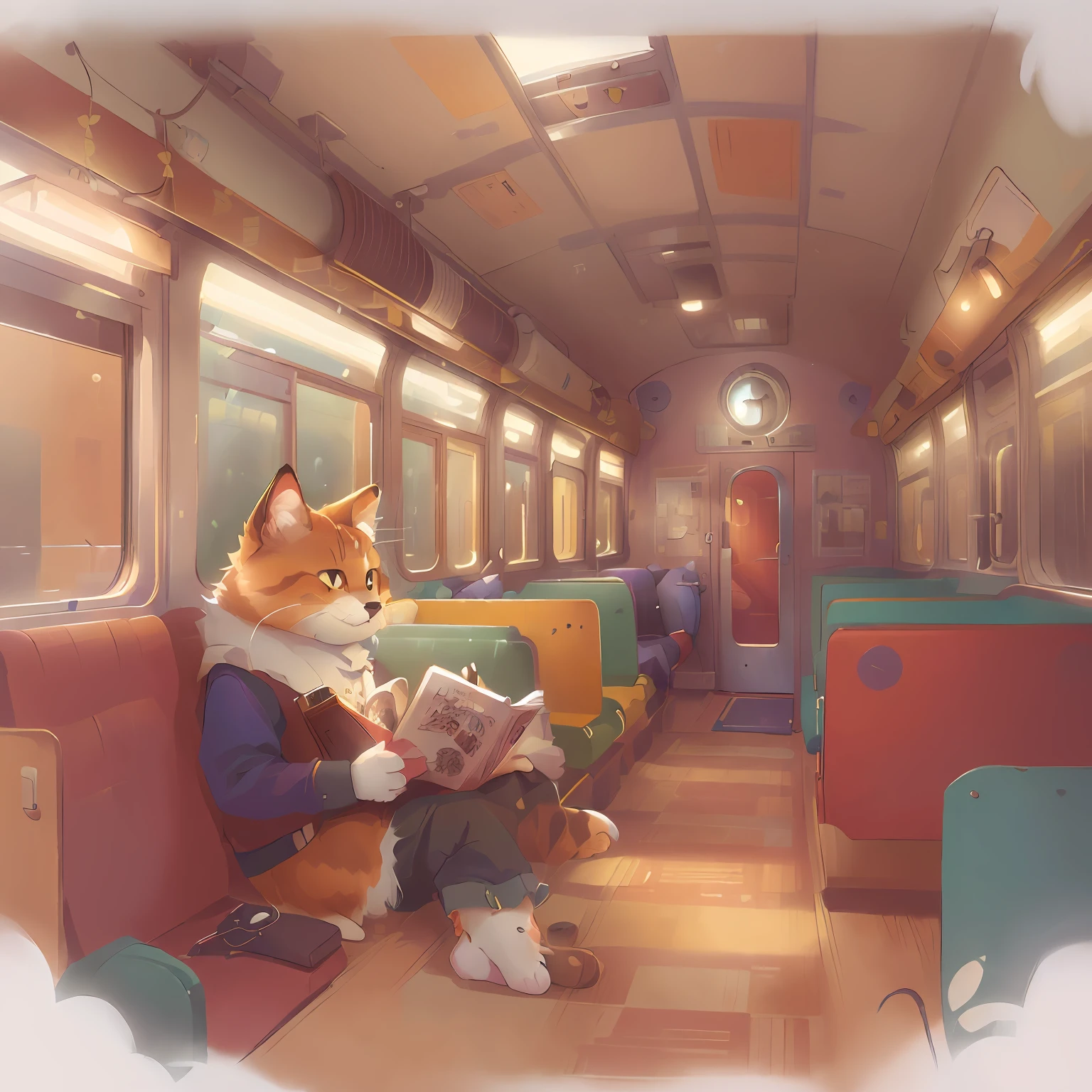 a cat, Sitting on the train and reading a book, pov furry art, lofi art, furry artist, Furry art, furry fantasy art, very very beautiful furry art, Cozy wallpaper, by Anna Haifisch, Detailed digital painting, stylized digital illustration, Highest Detail. Digital Painting, hight resolution, Thomas Dalziel, Hyperralistic art