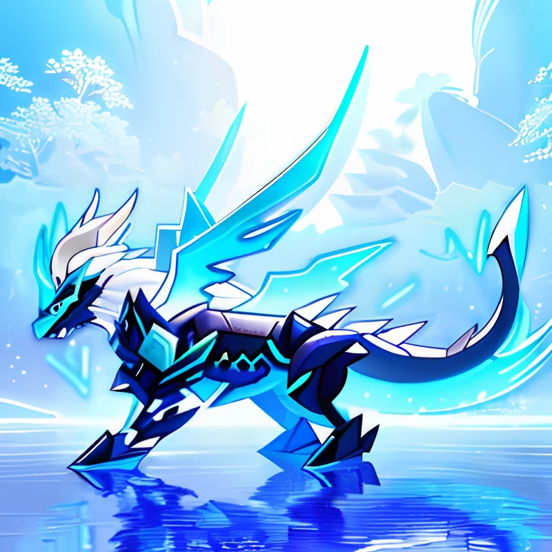 Close-up of blue and white animals with long tails, Crystal Dragon, Frost Dragon, Golden Retriever Lion King，sliver ice color reflected armor, Ice crystal armor, iridescence water elemental, teal ethereal tendril wings, luminous water elemental, style of ghost blade, style of duelyst, Aurelion Sol, color difference, crystalline skin, storm dragon，solid black background