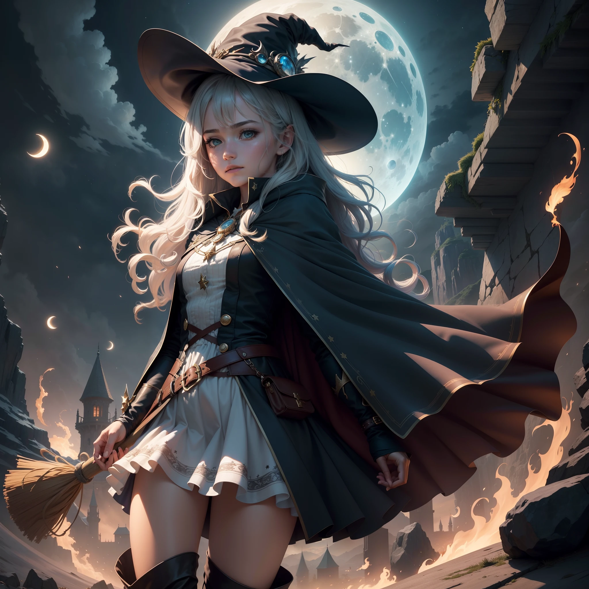 Top quality, ultra detail, illustration, 1girl, solo, fantasy, night sky, outdoors, magic, spell, moon, star, cloud, wind, hair, cape, hat, boots, broom, shining, mysterious, cape, capical, capical, capricious, capricious, playful, adventurous, freedom, wonder, imagination, determination, skill, speed, movement, energy, realism, naturalism, figurative, expression, beauty, fantasy culture, mythology, fairy tale, folklore, legend, witch, wizard, fantasy world, composition, scale, foreground, midpoint, background, perspective, light, color, detail, beauty, wonder.