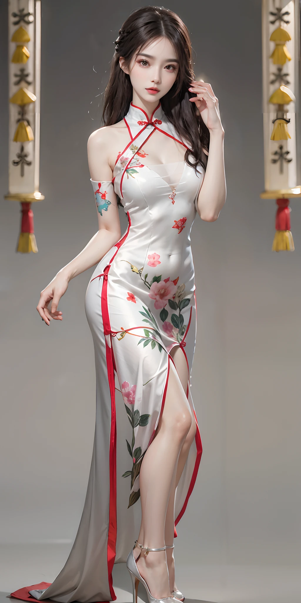 photorealistic, high resolution, soft light,1women, solo, hips up, look at viewer, (detailed face), long hair, high-heels, Split cheongsam ,tattoo, jewelry