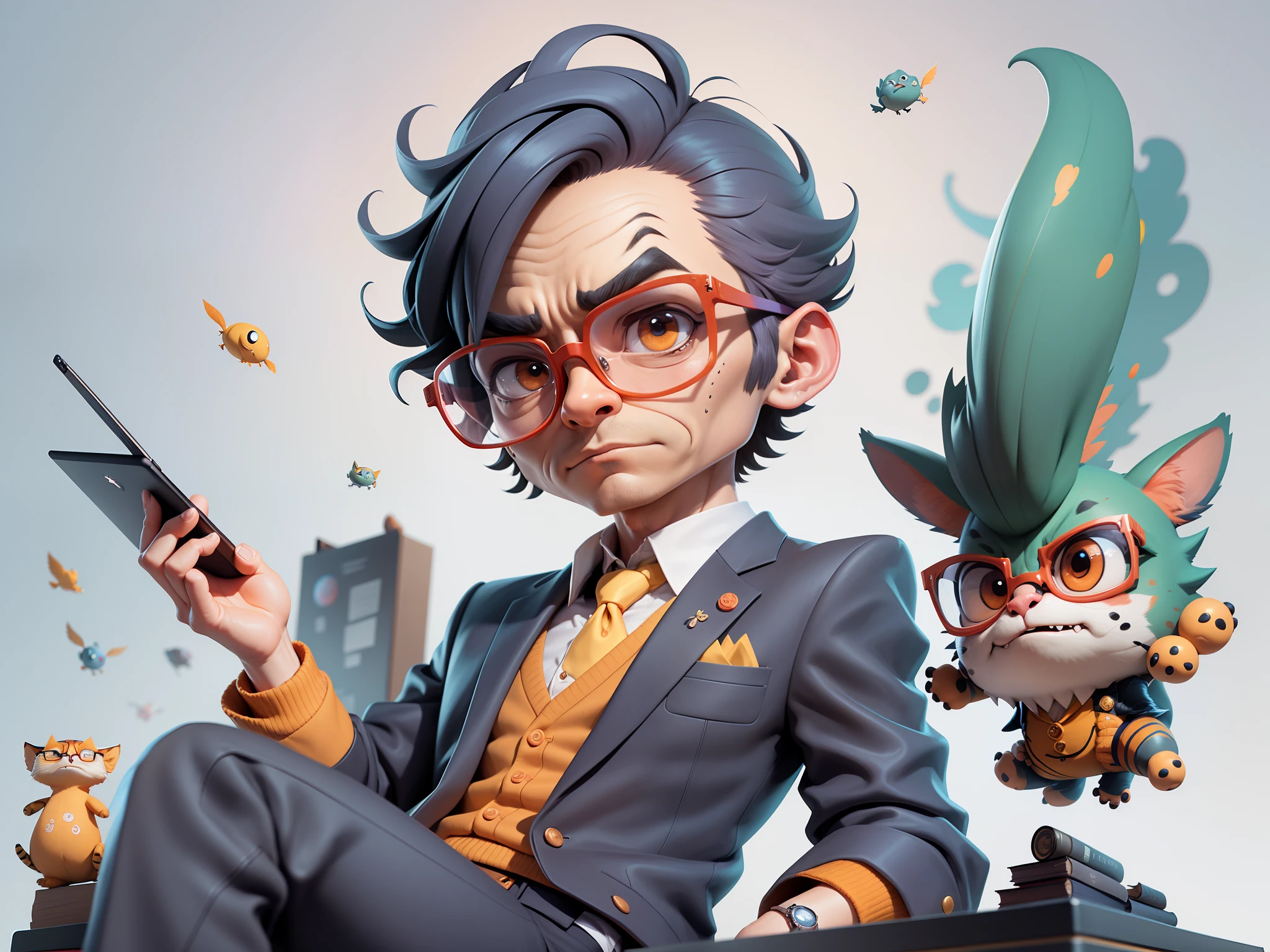 A young man in a suit, Short hair and glasses sat at his desk，holding laptop，digitial painting，tigre，3D character design by Mark Clairen and Pixar and Hayao Miyazaki and Akira Toriyama，4K HD illustration，Very detailed facial features and cartoon-style visuals。