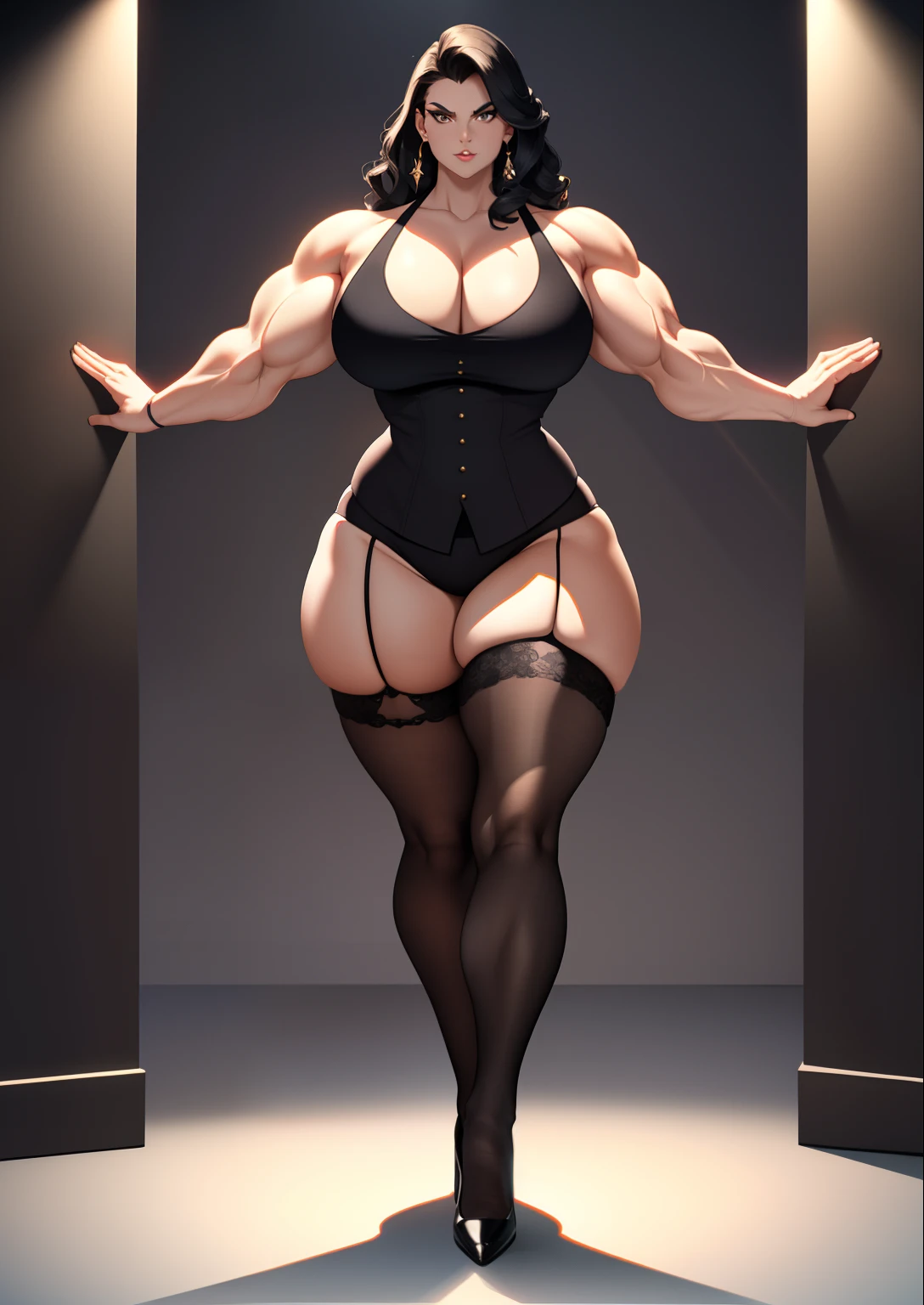 tmasterpiece,The best lighting,office backdrop,perspire,Full body like,Walk,Burly woman,Exaggerated large muscles,blackstockings,Pointed-toe heels,Beautiful and charming woman face, 1female,Thin waist,Very broad shoulders, Strong and powerful arms,Stout arms,Thick and powerful leg muscles,long leges