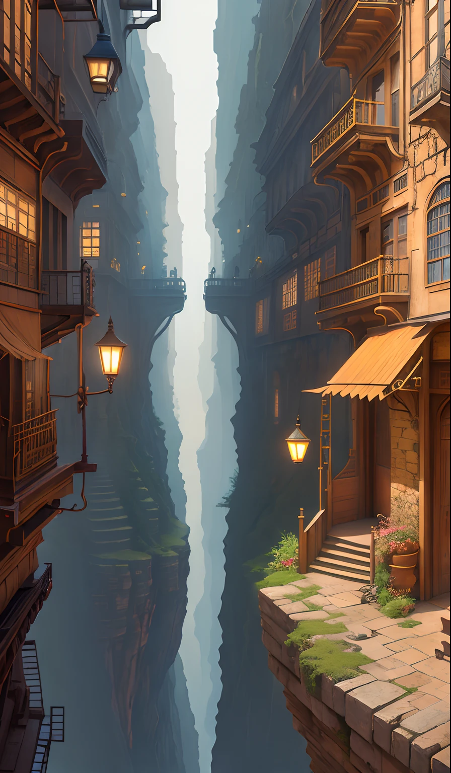 ((masterpiece)),((best quality)),((high detial)),((realistic,)) Industrial age city, deep canyons in the middle, architectural streets, bazaars, Bridges, rainy days, steampunk, European architecture